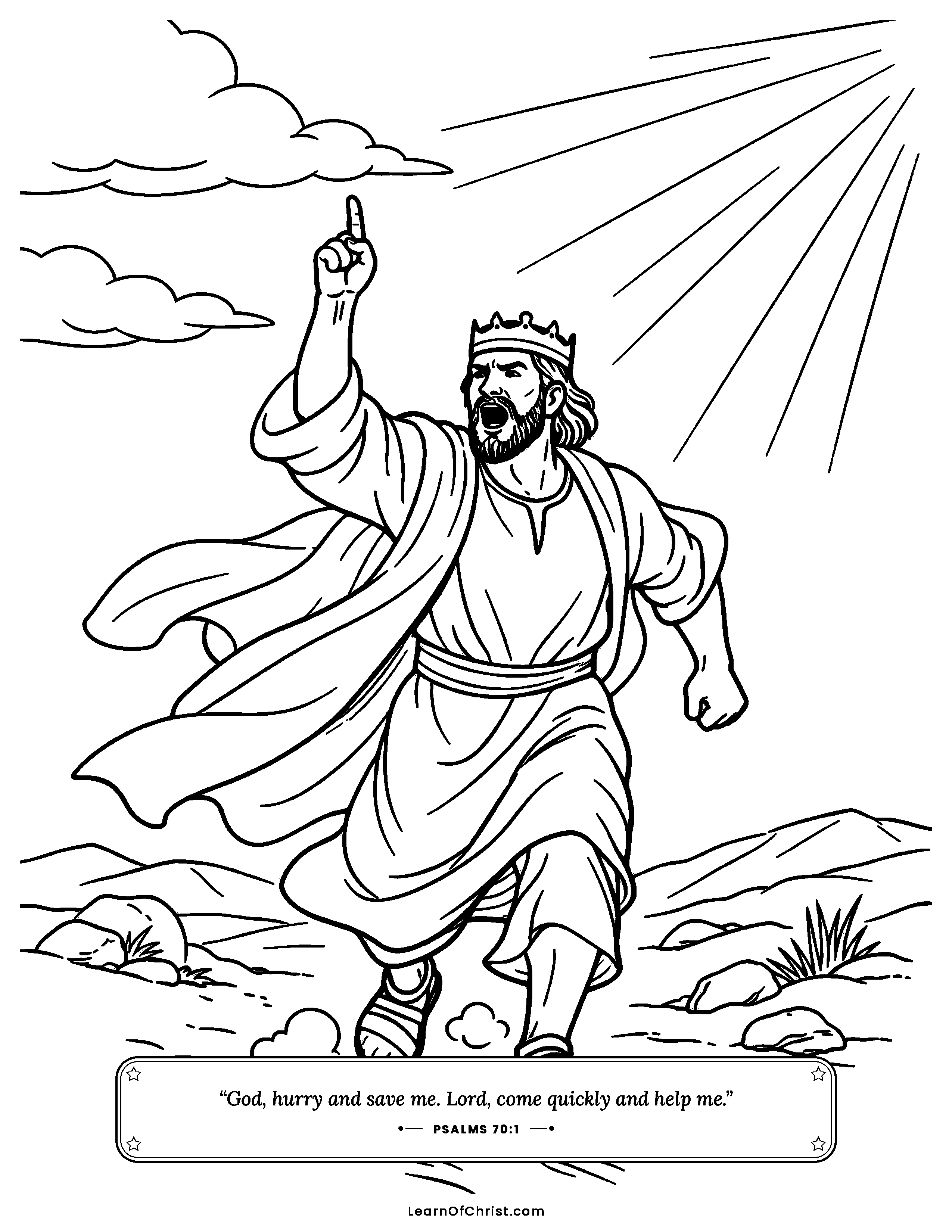 Psalms 70 coloring page - A quick prayer while running. Free printable Bible coloring sheet for kids.