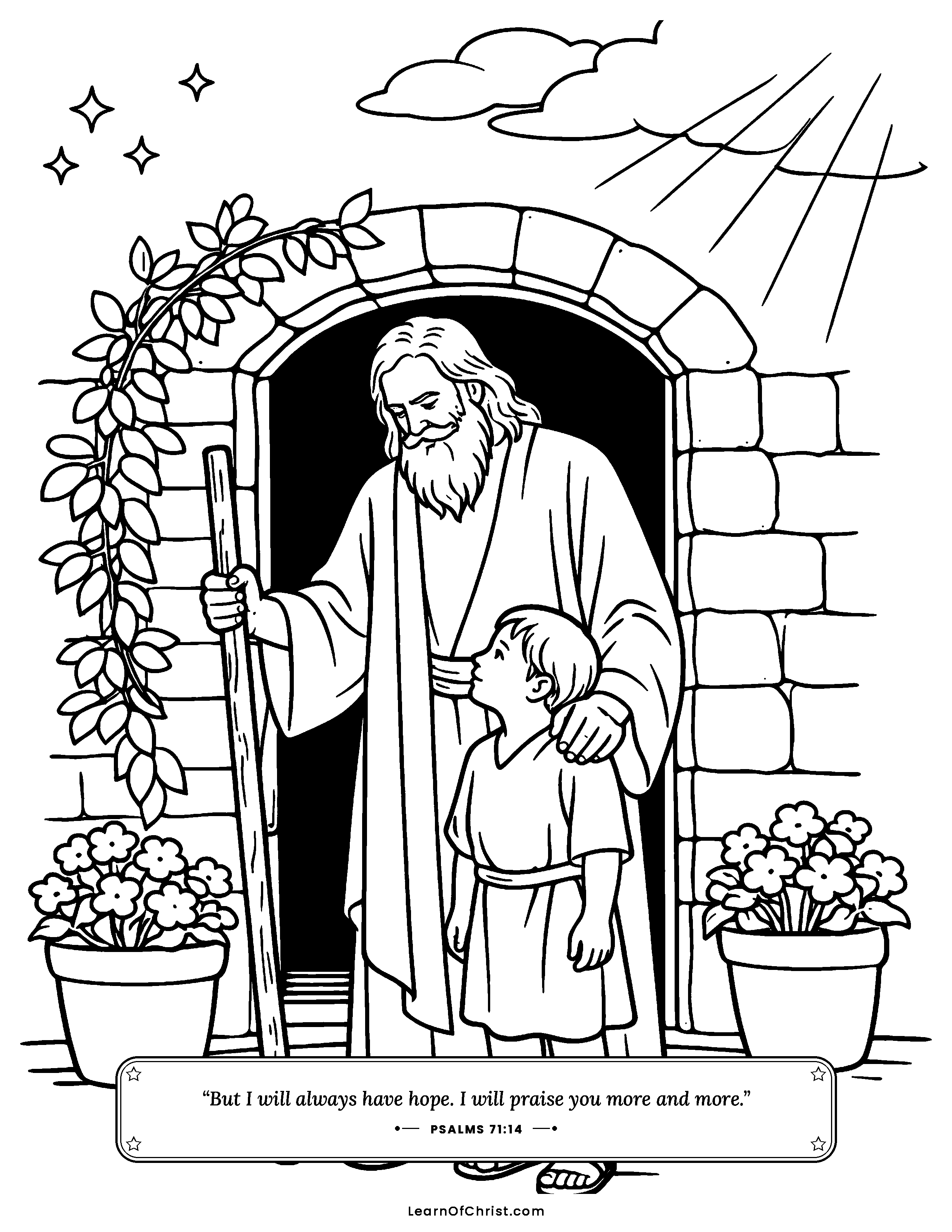 Psalms 71 coloring page - A gray-haired man and a small child. Free printable Bible coloring sheet for kids.