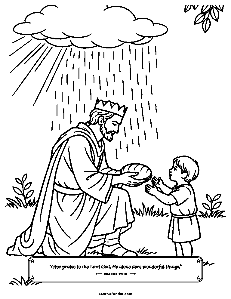 Psalms 72 coloring page - A kind king kneels to help a child