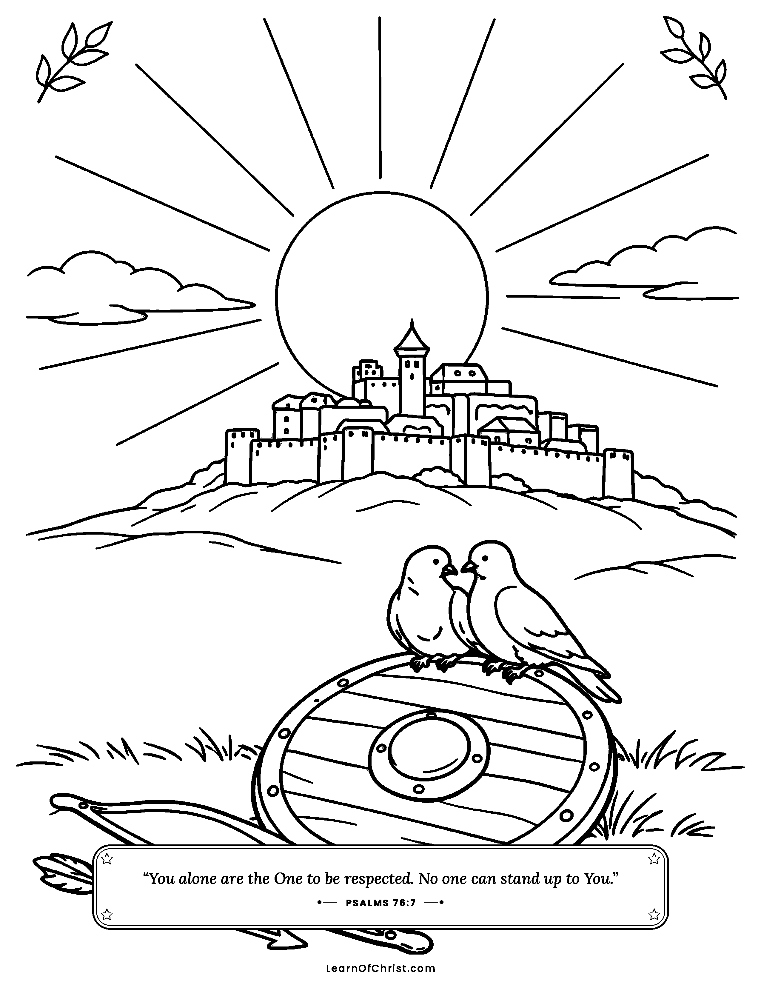Psalms 76 coloring page - The bow and shield laid down in peace. Free printable Bible coloring sheet for kids.