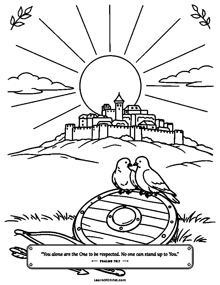 Psalms 76 coloring page - The bow and shield laid down in peace