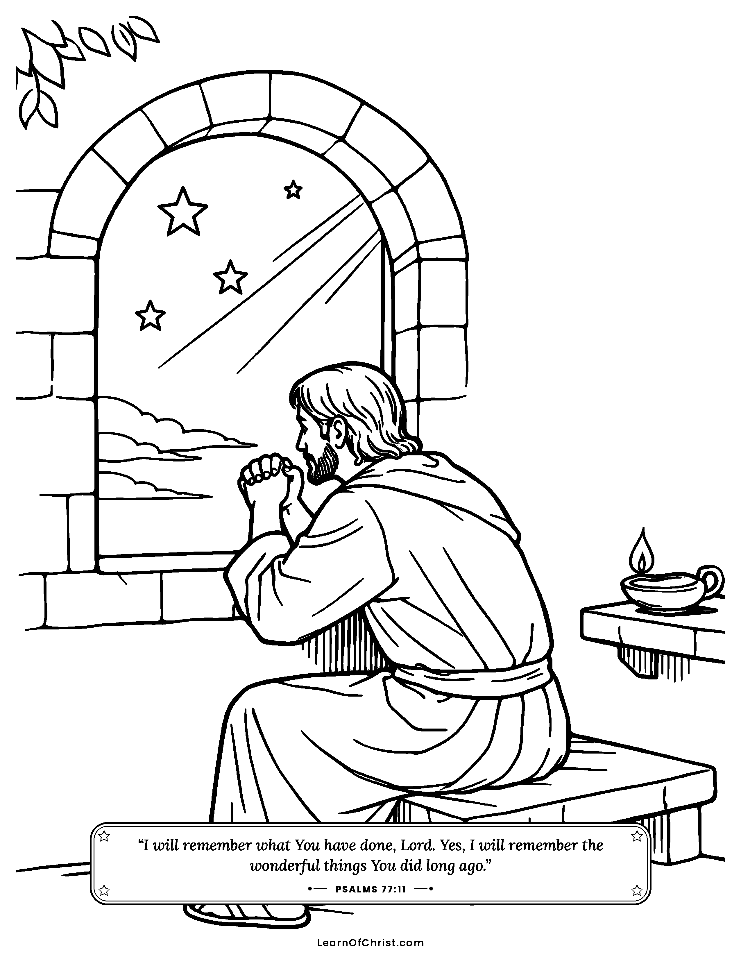 Psalms 77 coloring page - Awake at night, remembering God's goodness. Free printable Bible coloring sheet for kids.