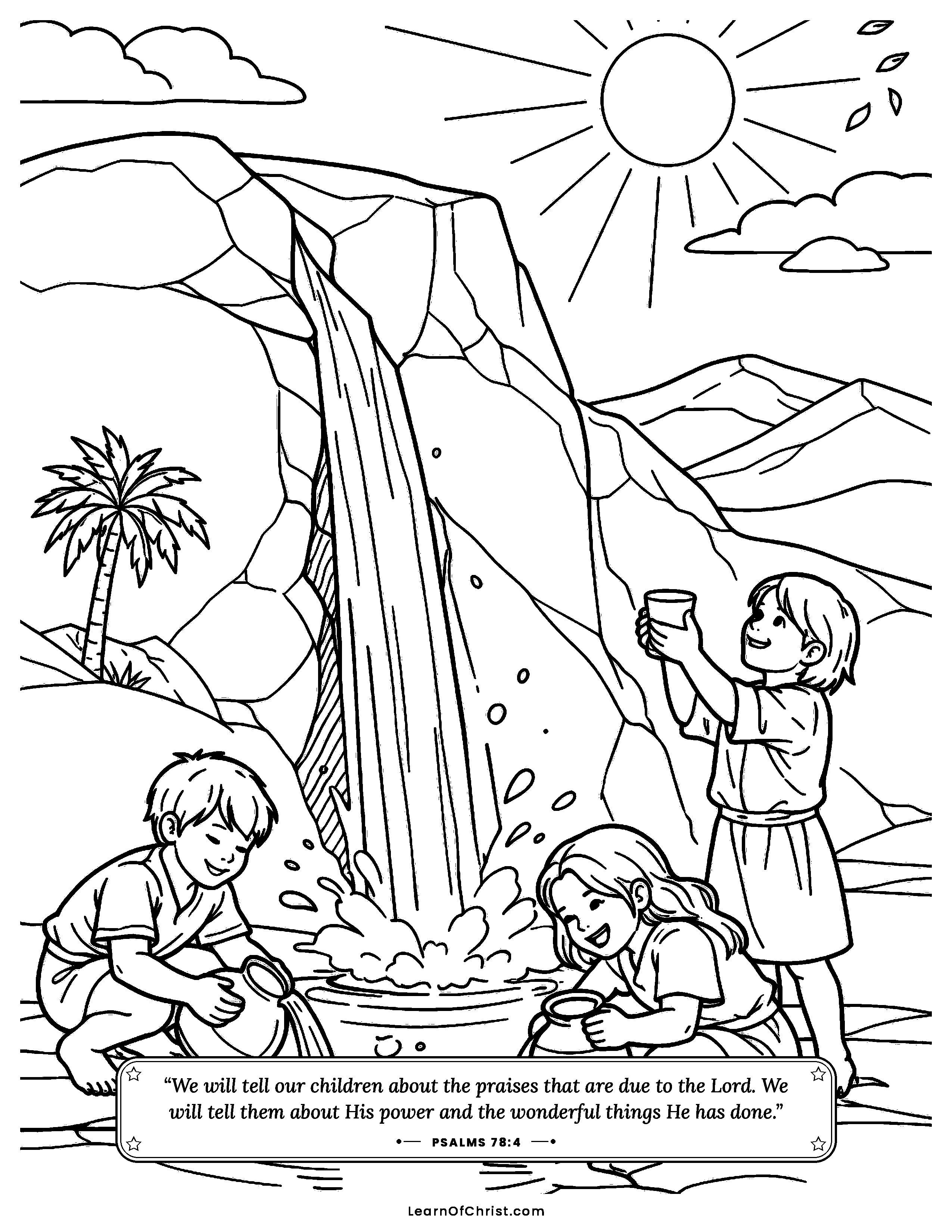 Psalms 78 coloring page - Water pours from the split rock. Free printable Bible coloring sheet for kids.
