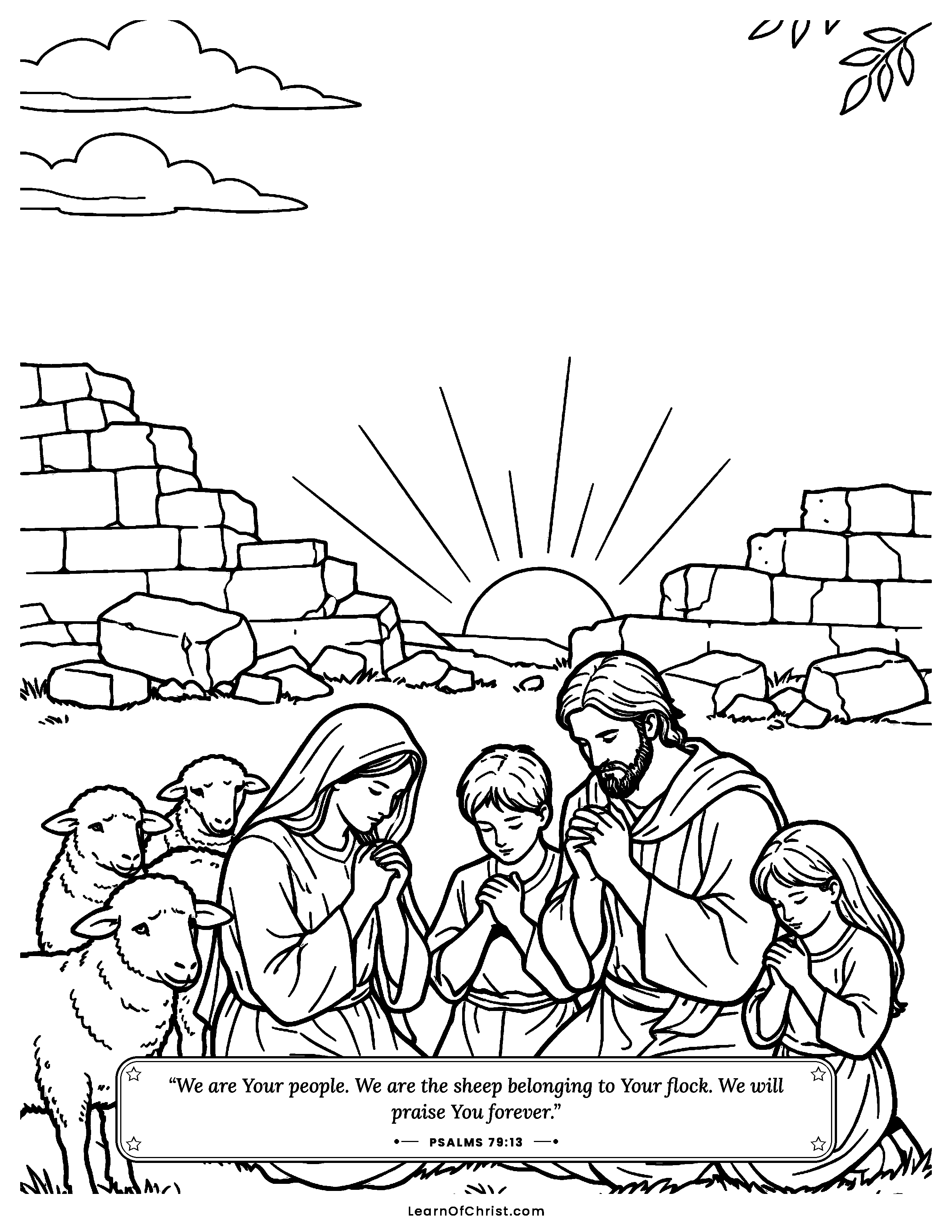 Psalms 79 coloring page - A family prays outside the broken wall. Free printable Bible coloring sheet for kids.