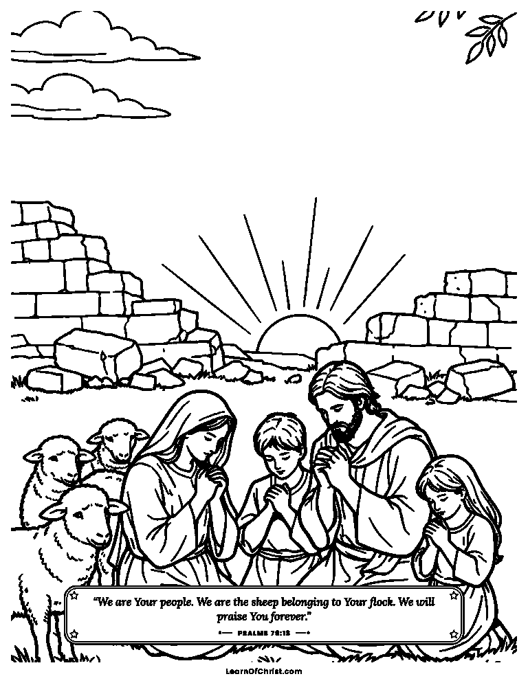 Psalms 79 coloring page - A family prays outside the broken wall