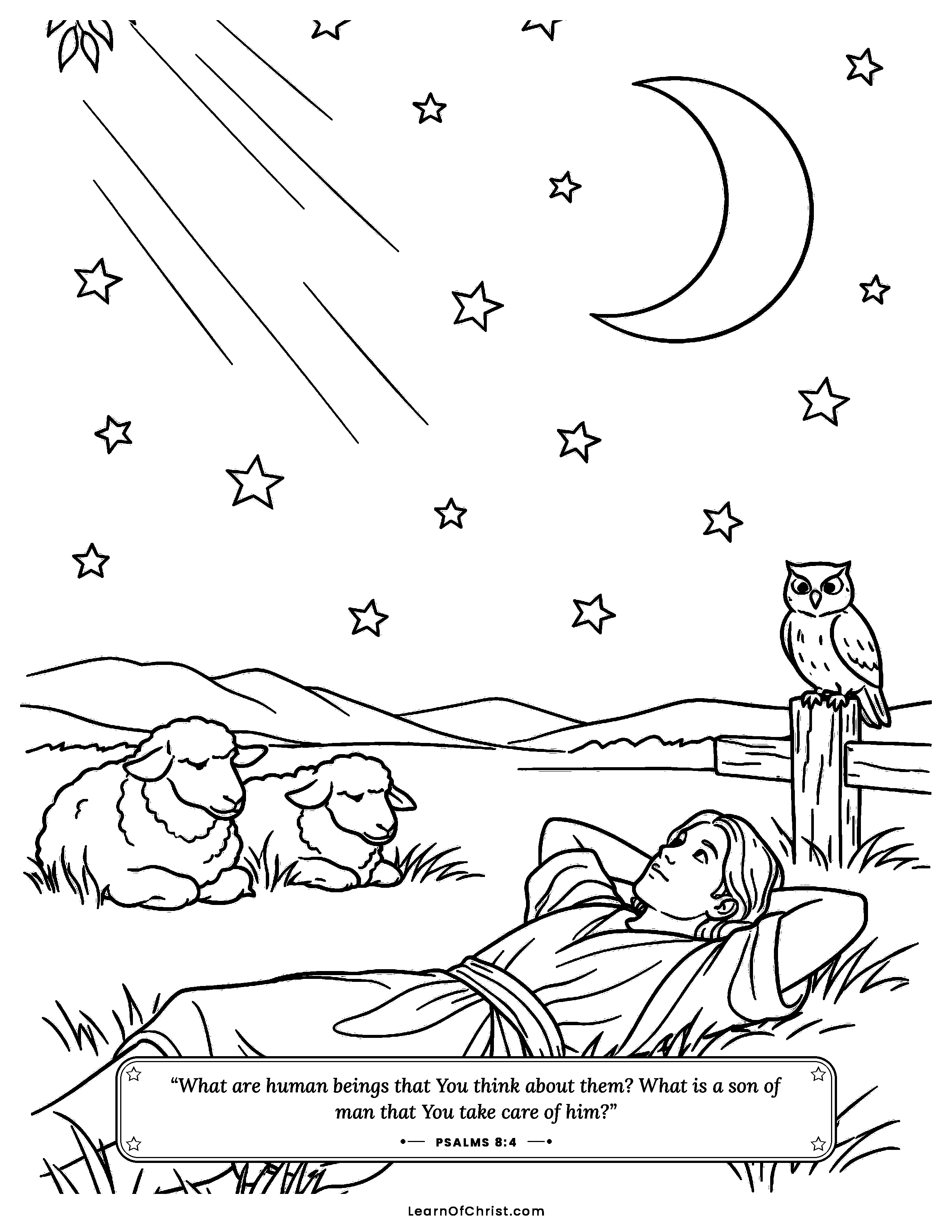 Psalms 8 coloring page - Counting stars in a field at night. Free printable Bible coloring sheet for kids.