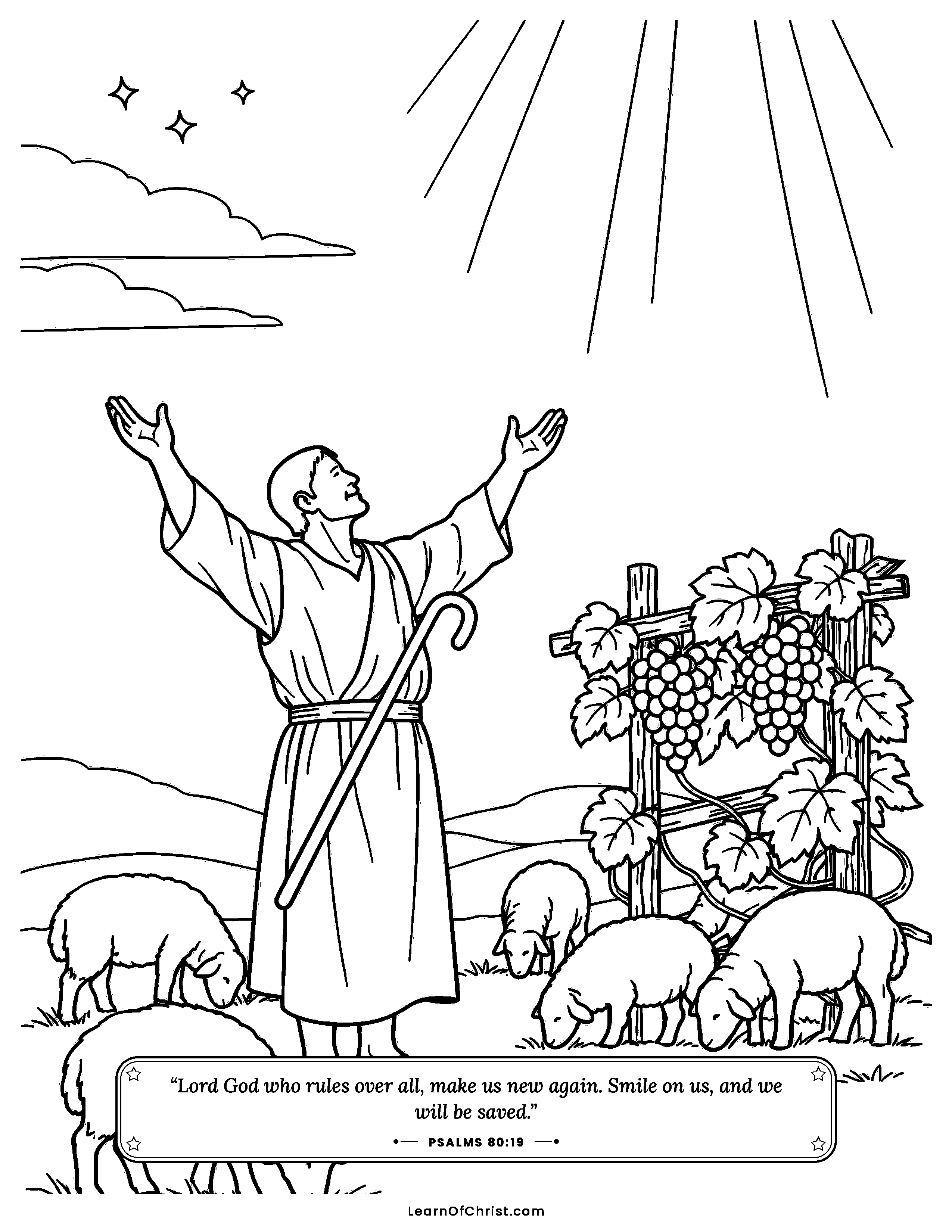 Psalms 80 coloring page - Shepherd and the little grapevine. Free printable Bible coloring sheet for kids.