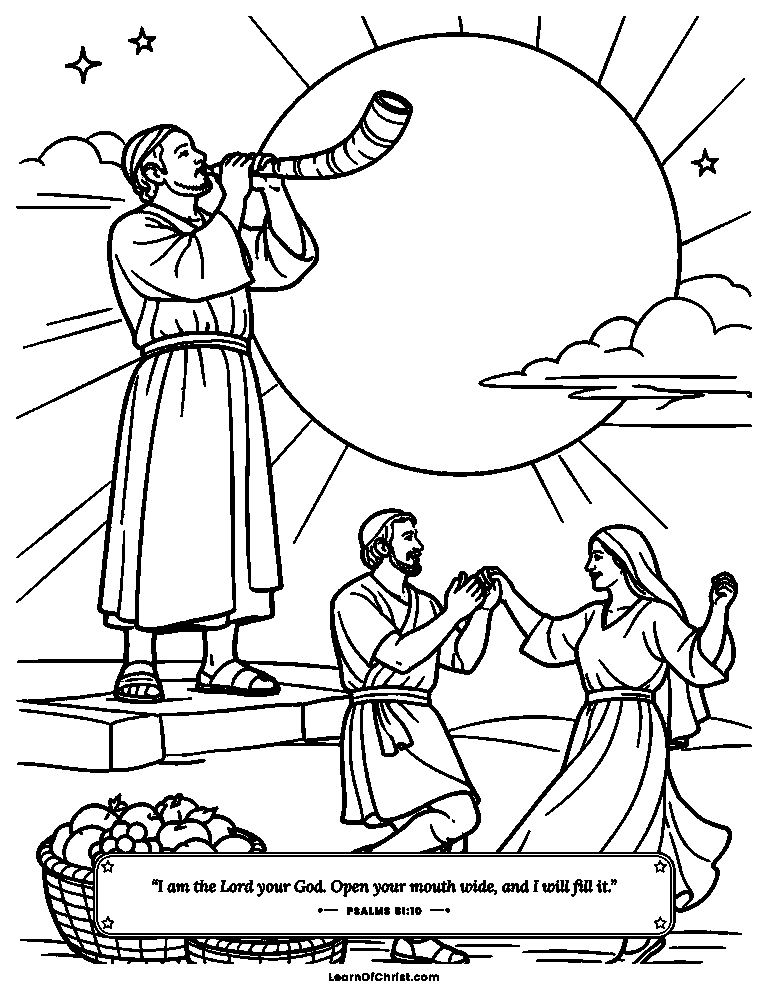 Psalms 81 coloring page - The festival horn under a full moon