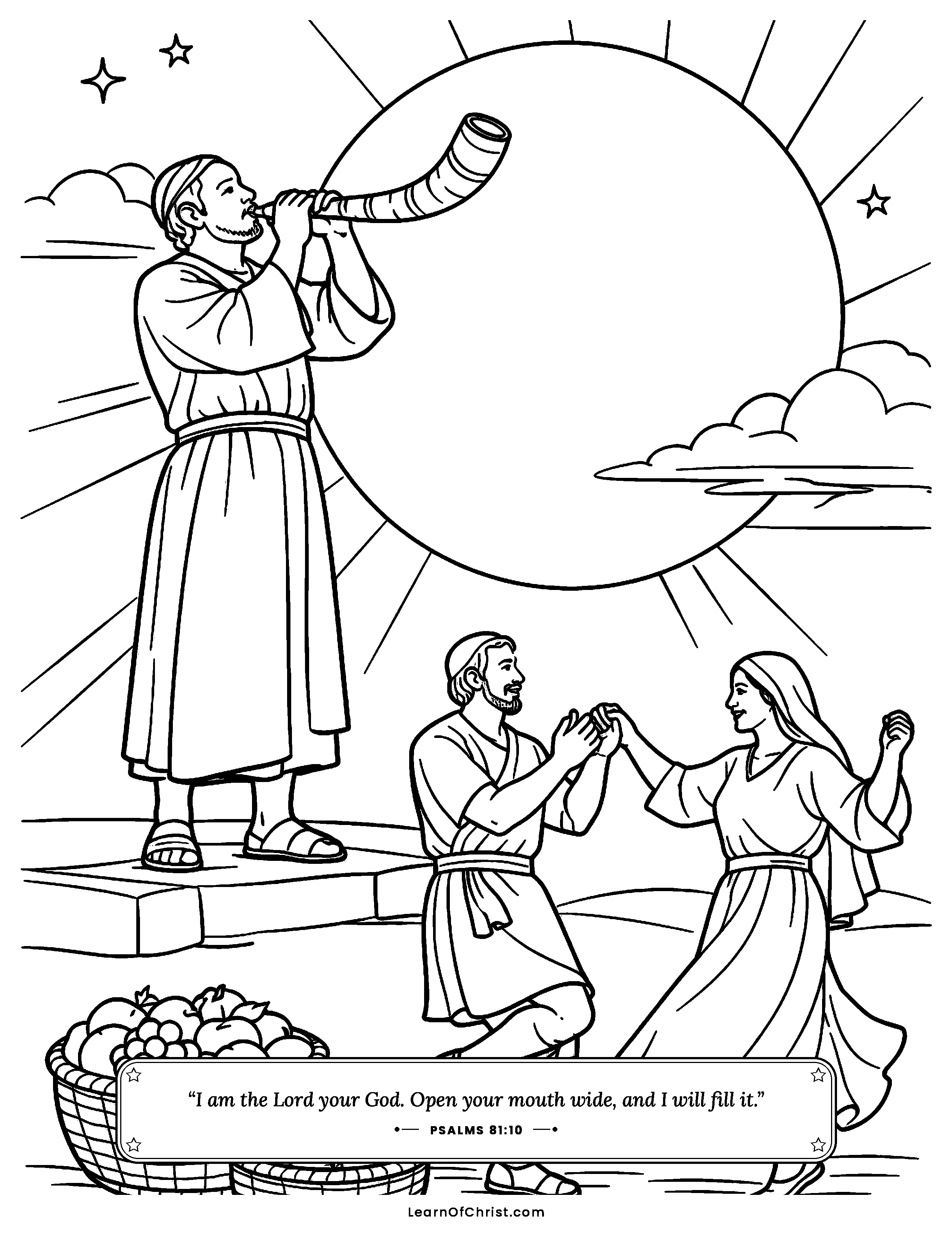 Psalms 81 coloring page - The festival horn under a full moon. Free printable Bible coloring sheet for kids.