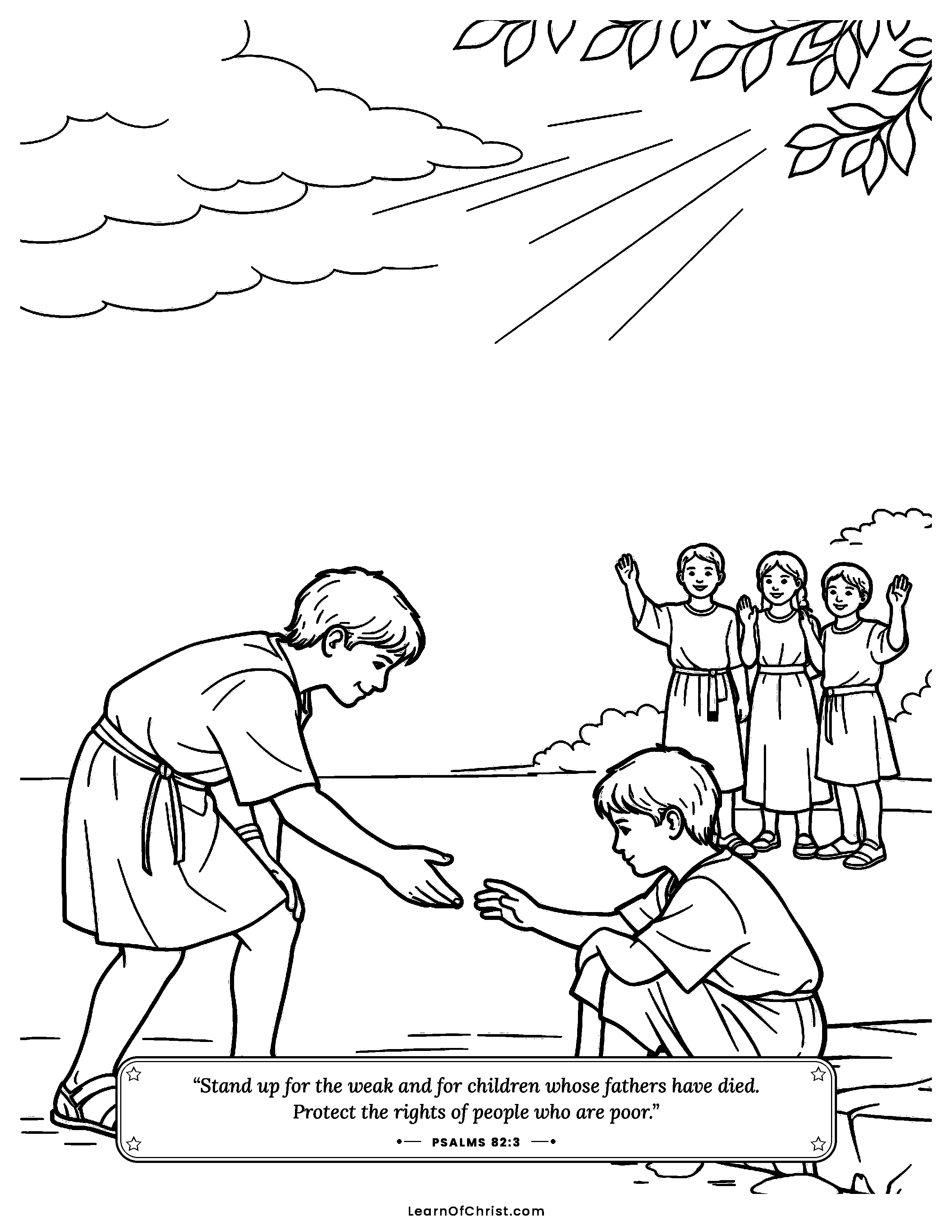 Psalms 82 coloring page - A child invites the lonely one in. Free printable Bible coloring sheet for kids.