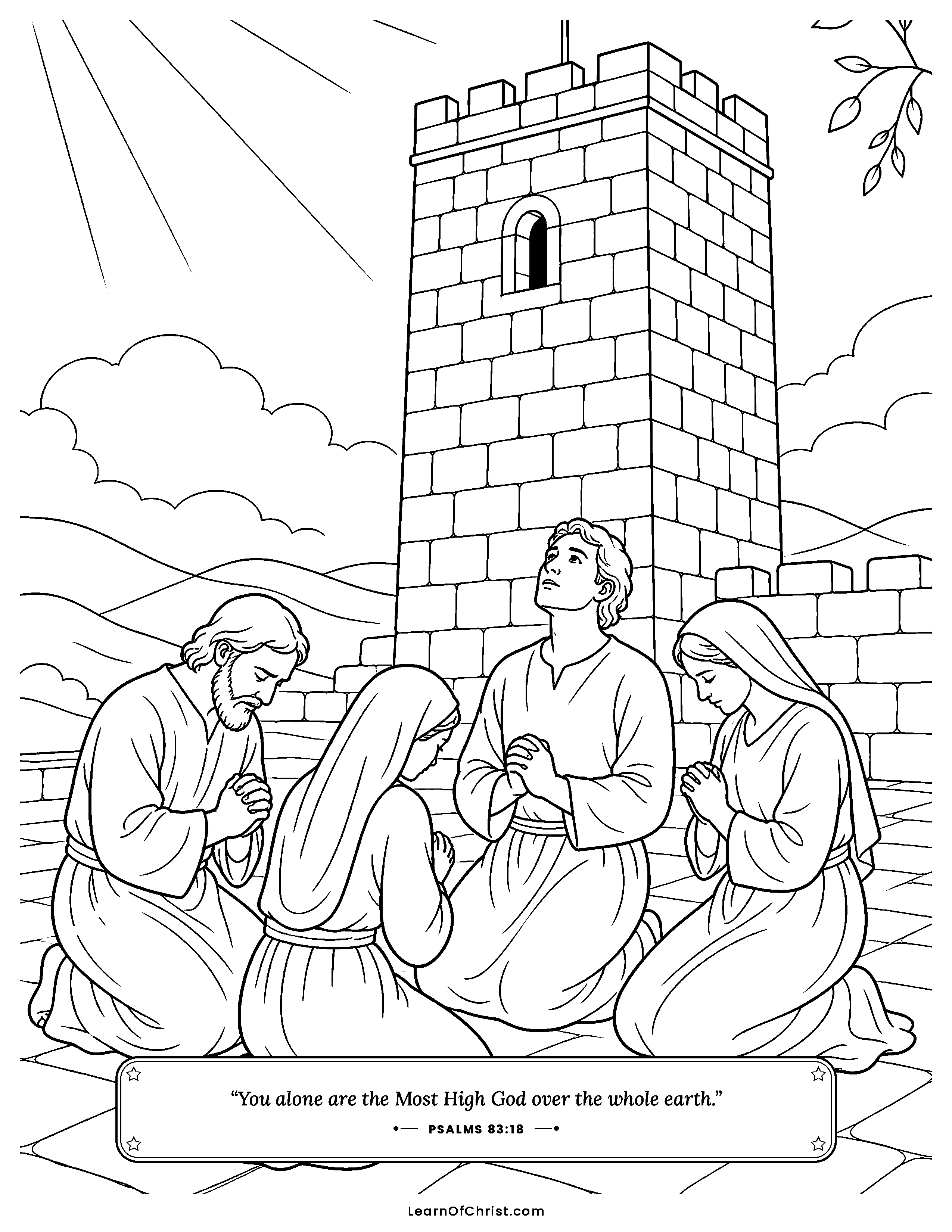 Psalms 83 coloring page - Praying together beside the high tower. Free printable Bible coloring sheet for kids.