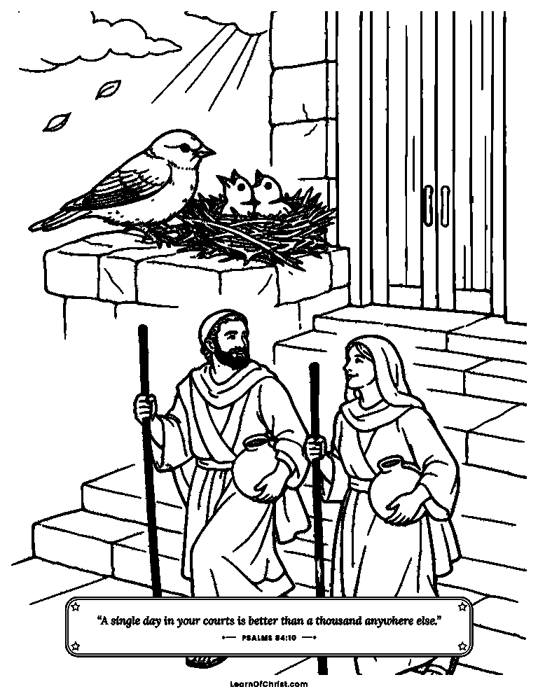 Psalms 84 coloring page - A sparrow nests at God's house