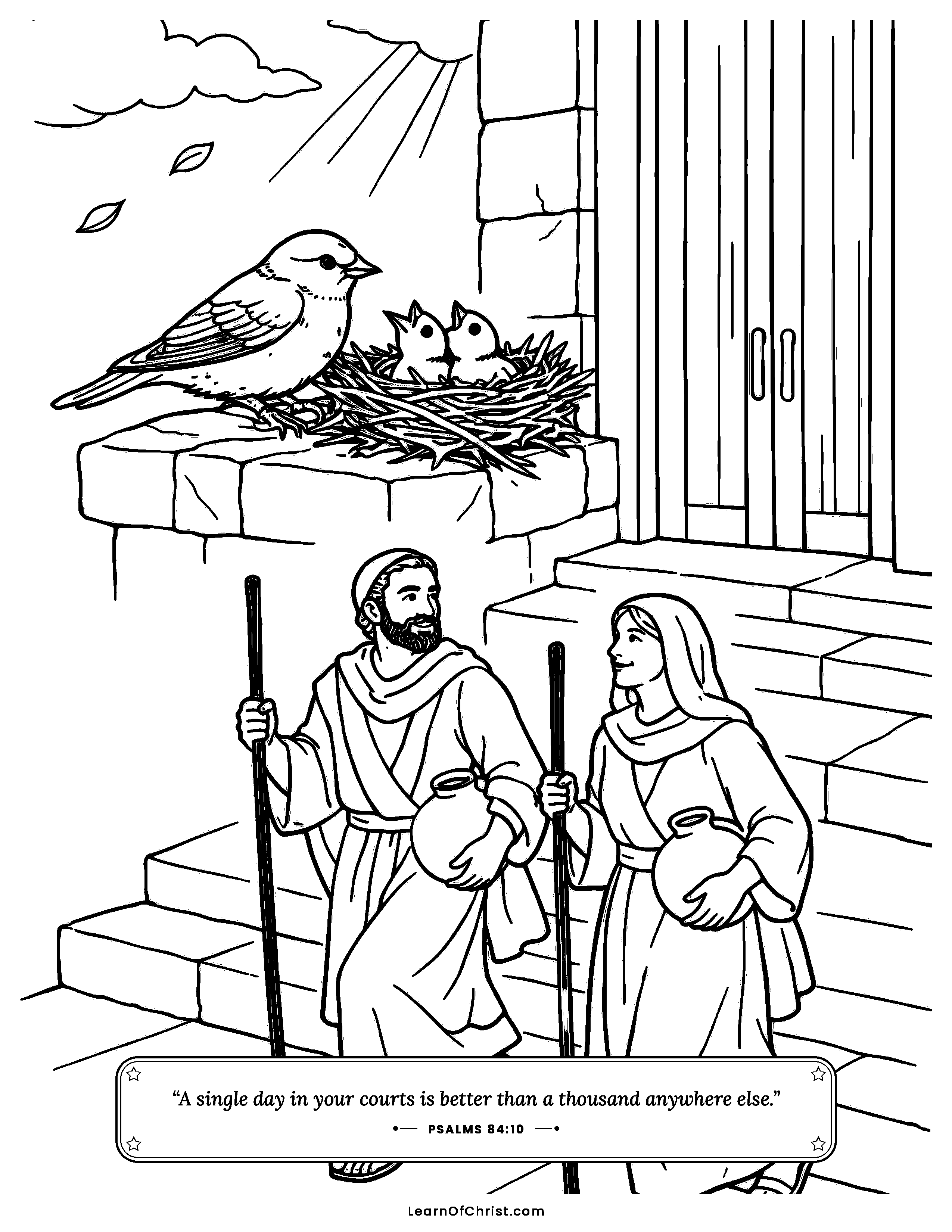Psalms 84 coloring page - A sparrow nests at God's house. Free printable Bible coloring sheet for kids.
