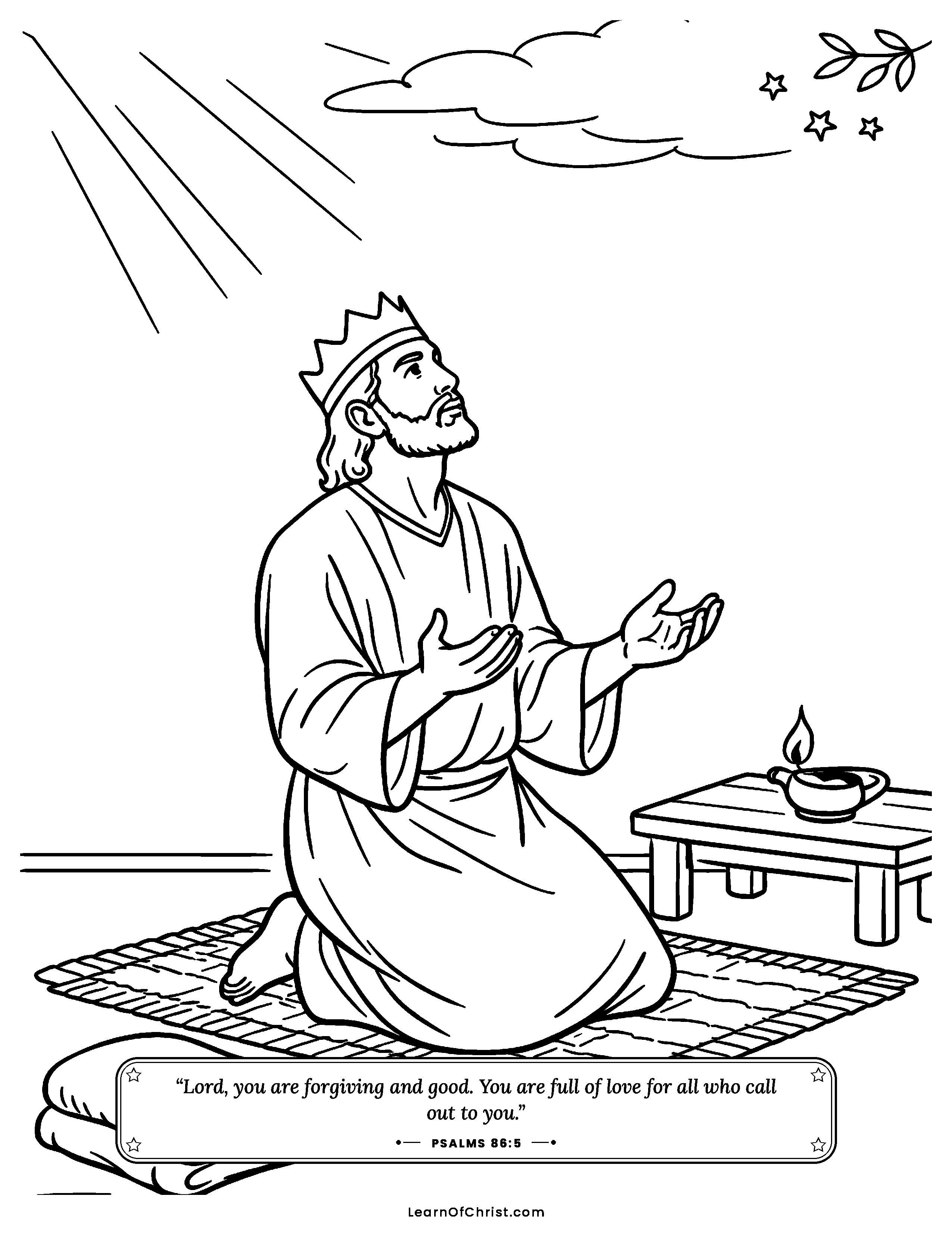 Psalms 86 coloring page - David asks God to teach him. Free printable Bible coloring sheet for kids.