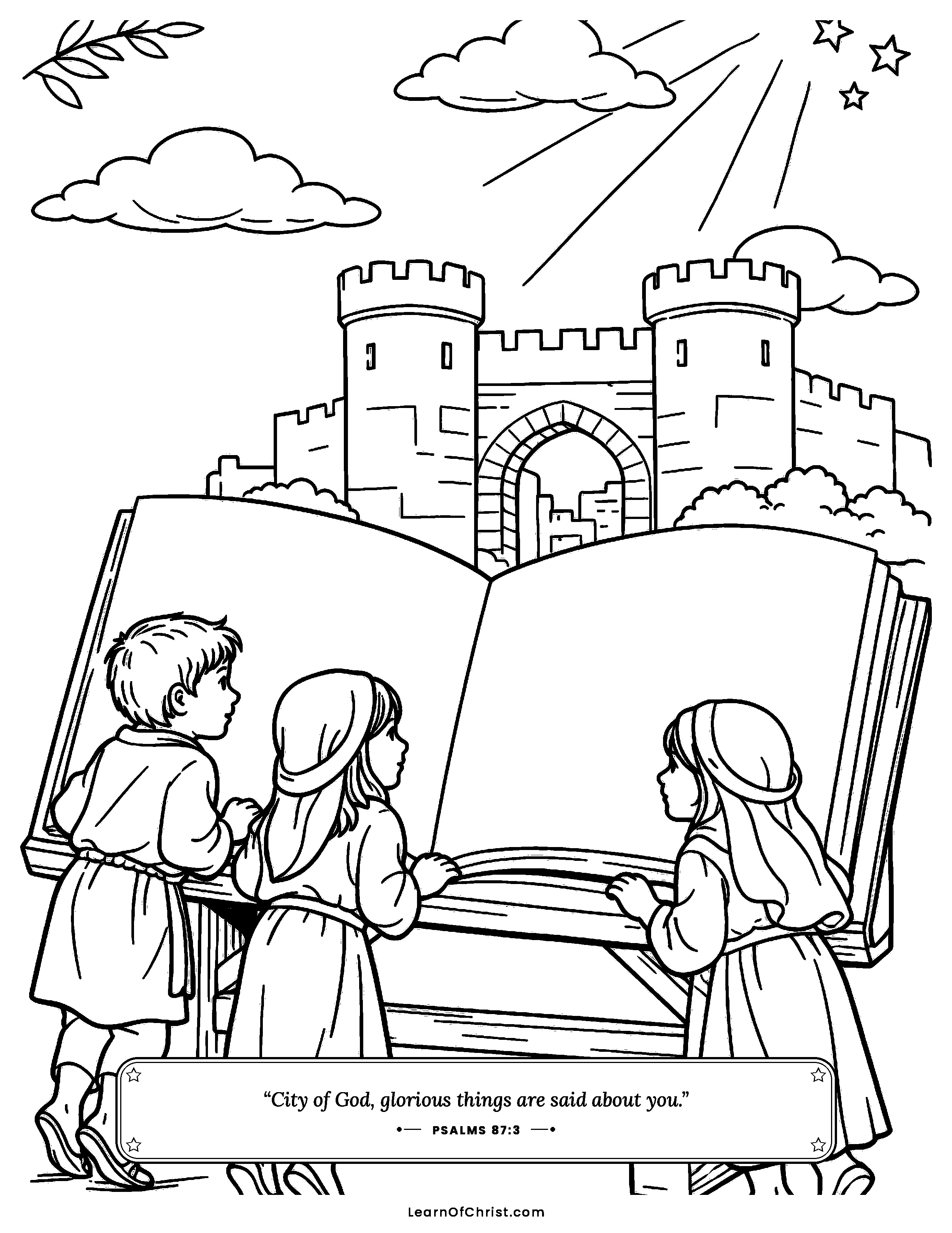 Psalms 87 coloring page - God writes their names in His book. Free printable Bible coloring sheet for kids.