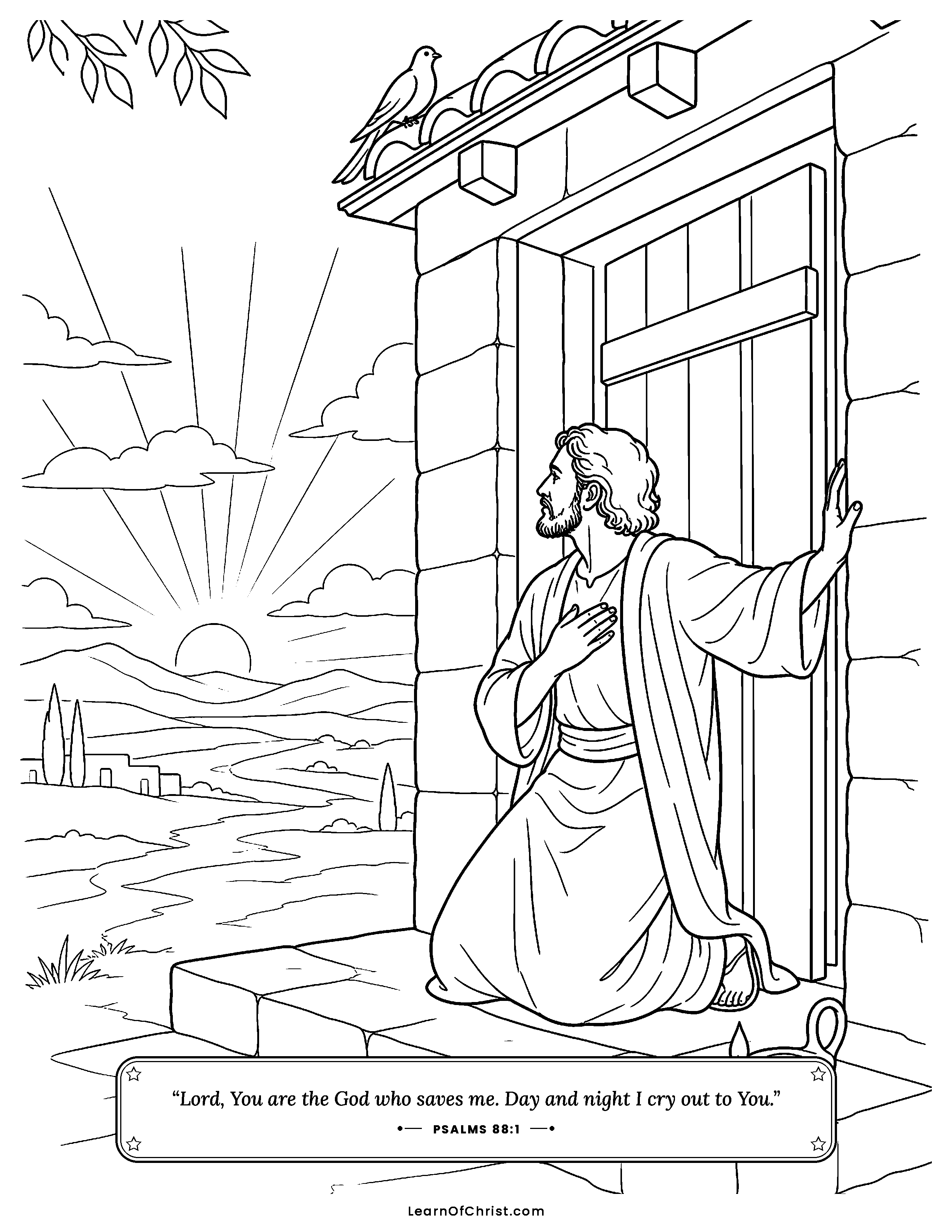 Psalms 88 coloring page - Praying at the door every morning. Free printable Bible coloring sheet for kids.
