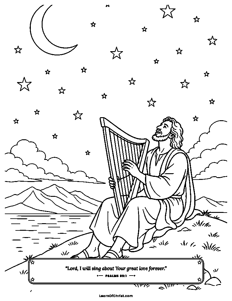 Psalms 89 coloring page - Ethan sings under a sky full of stars