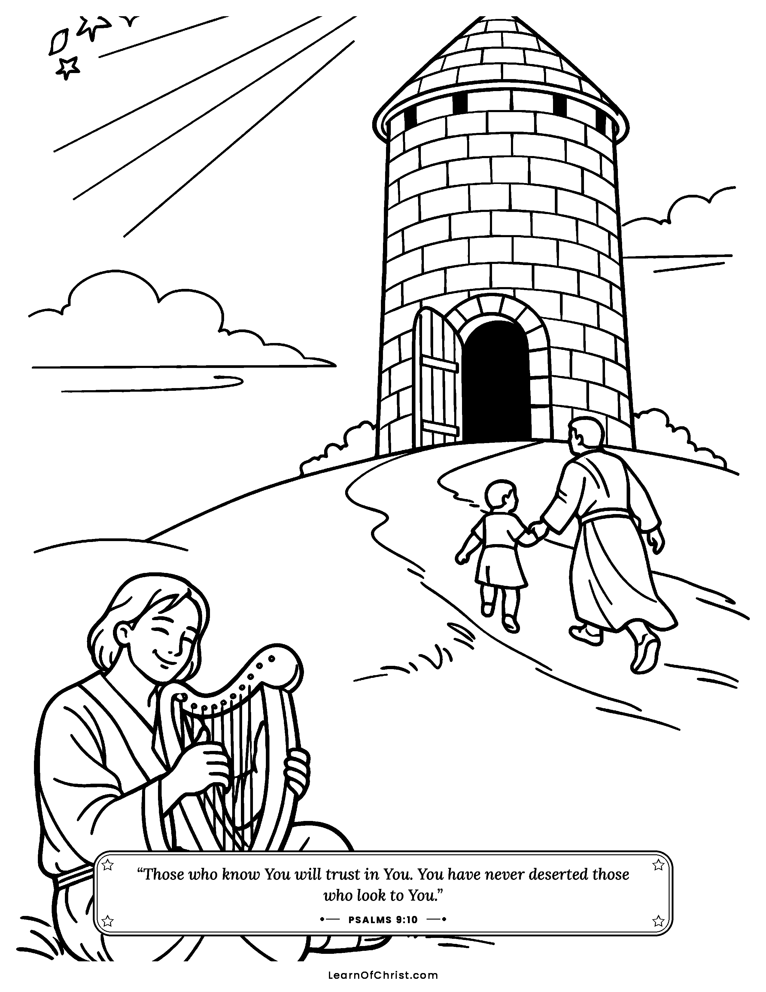 Psalms 9 coloring page - Running to the strong high tower. Free printable Bible coloring sheet for kids.