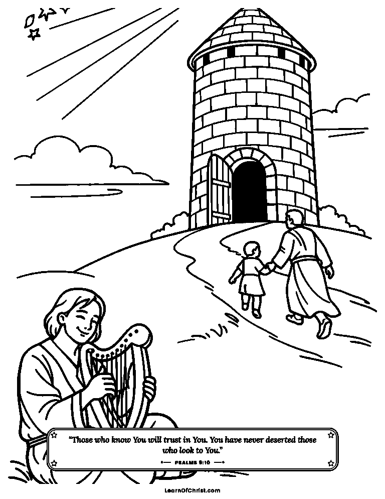 Psalms 9 coloring page - Running to the strong high tower