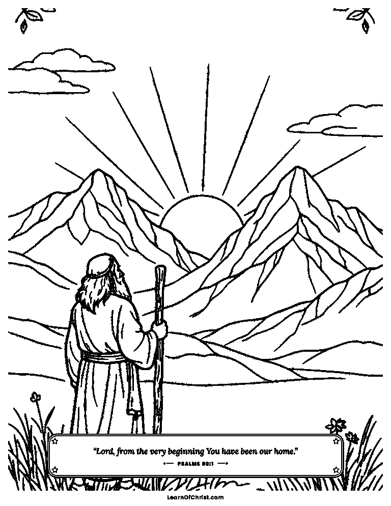 Psalms 90 coloring page - Moses before the ancient mountains