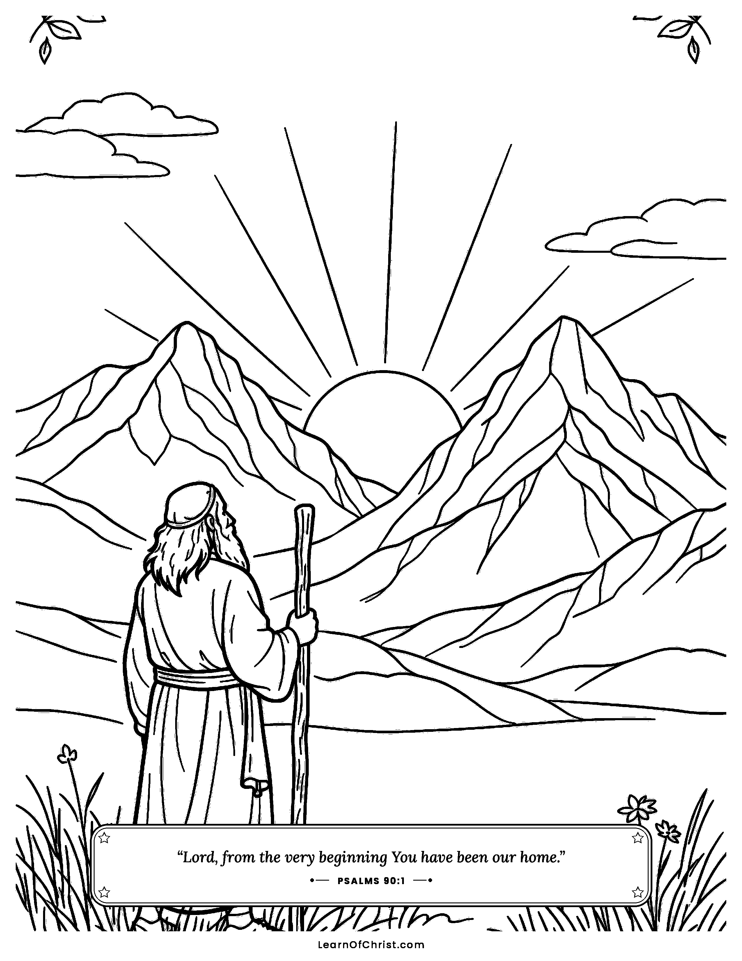 Psalms 90 coloring page - Moses before the ancient mountains. Free printable Bible coloring sheet for kids.