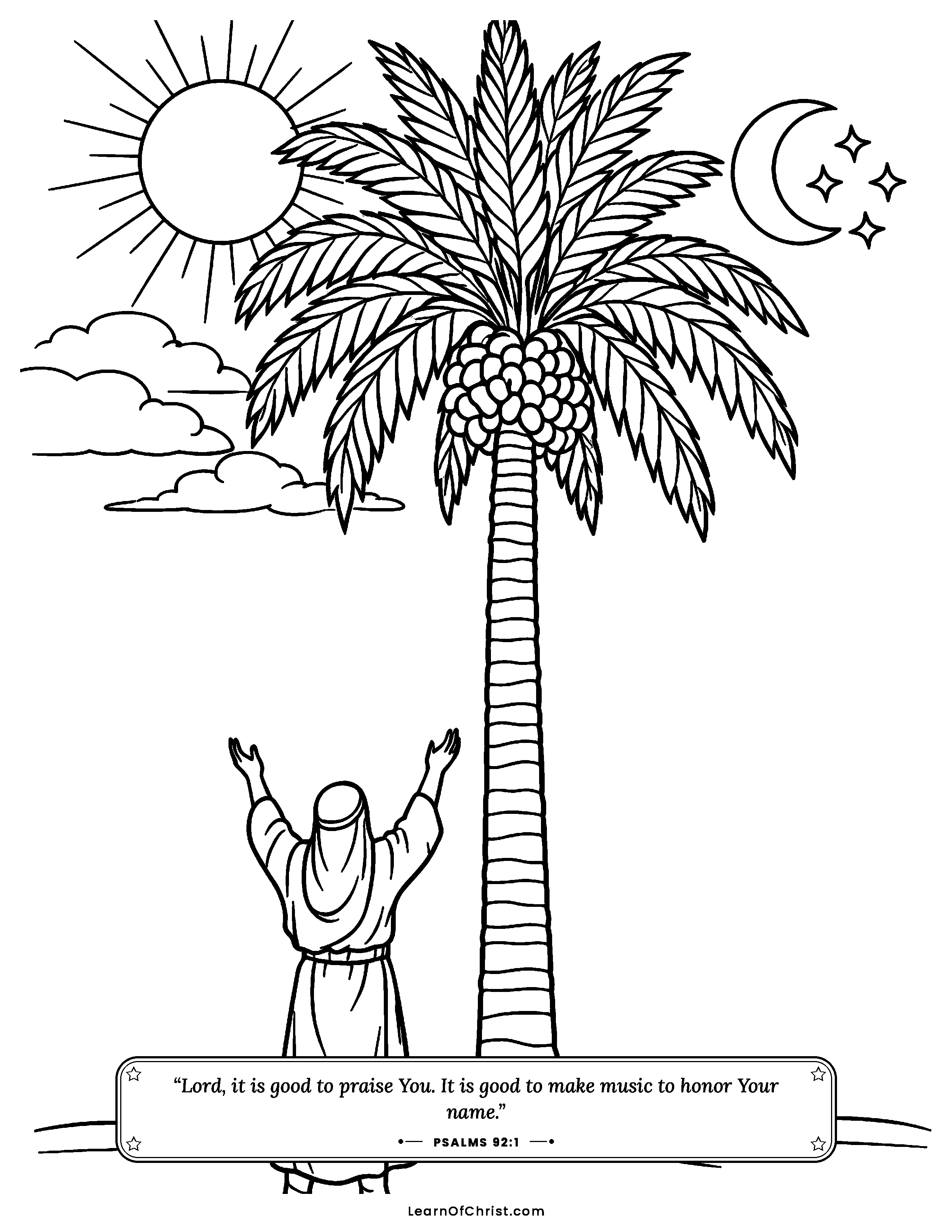 Psalms 92 coloring page - Growing tall like a palm tree. Free printable Bible coloring sheet for kids.