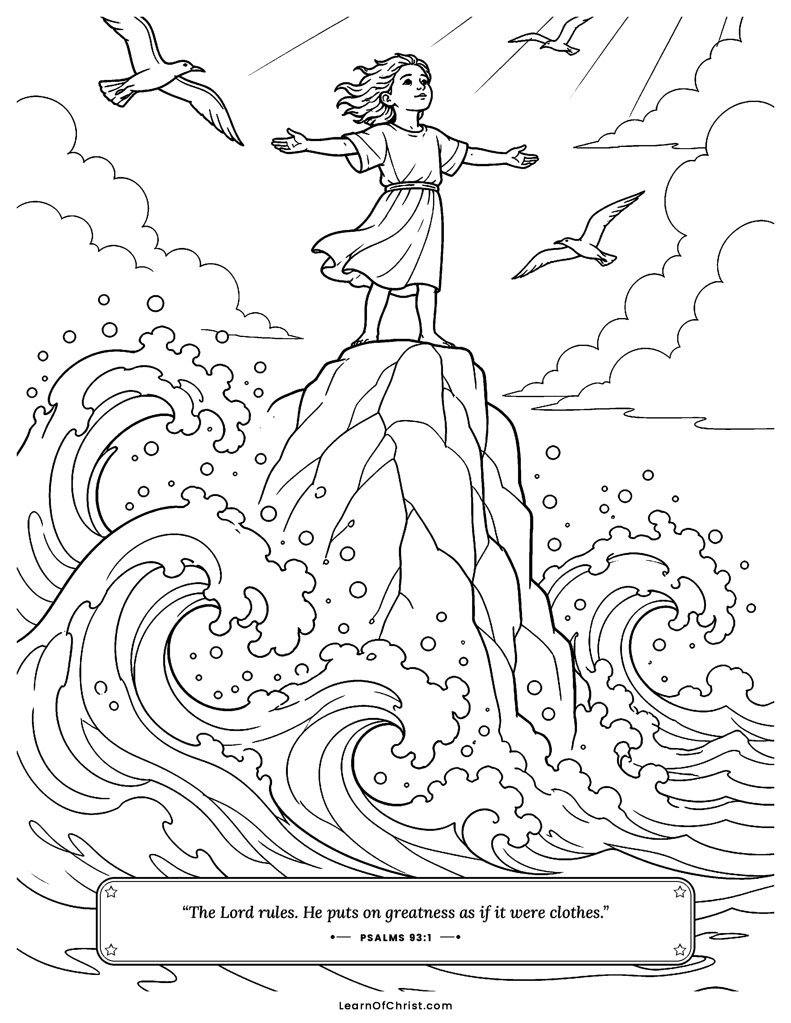 Psalms 93 coloring page - Standing safe above the roaring waves. Free printable Bible coloring sheet for kids.