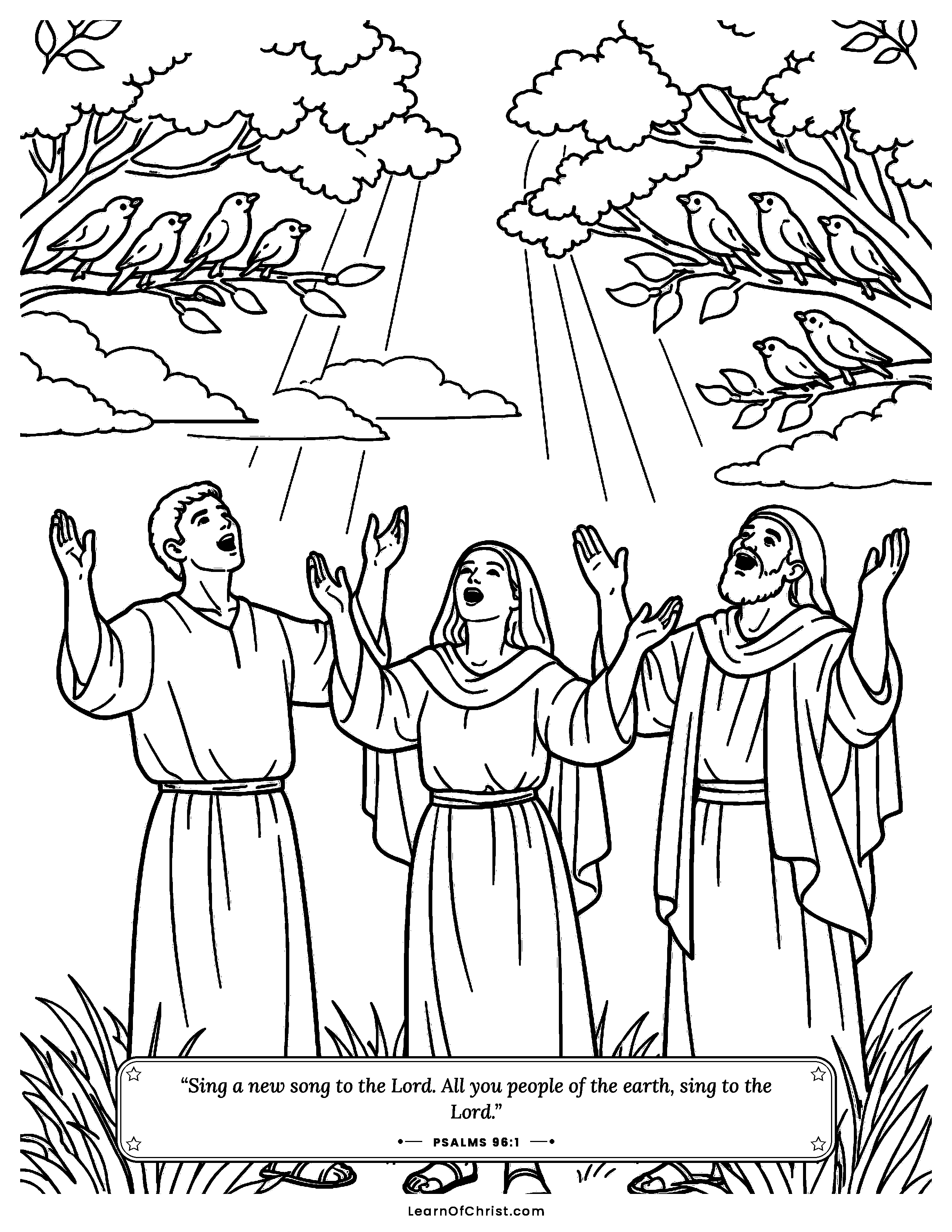 Psalms 96 coloring page - The trees join the new song. Free printable Bible coloring sheet for kids.