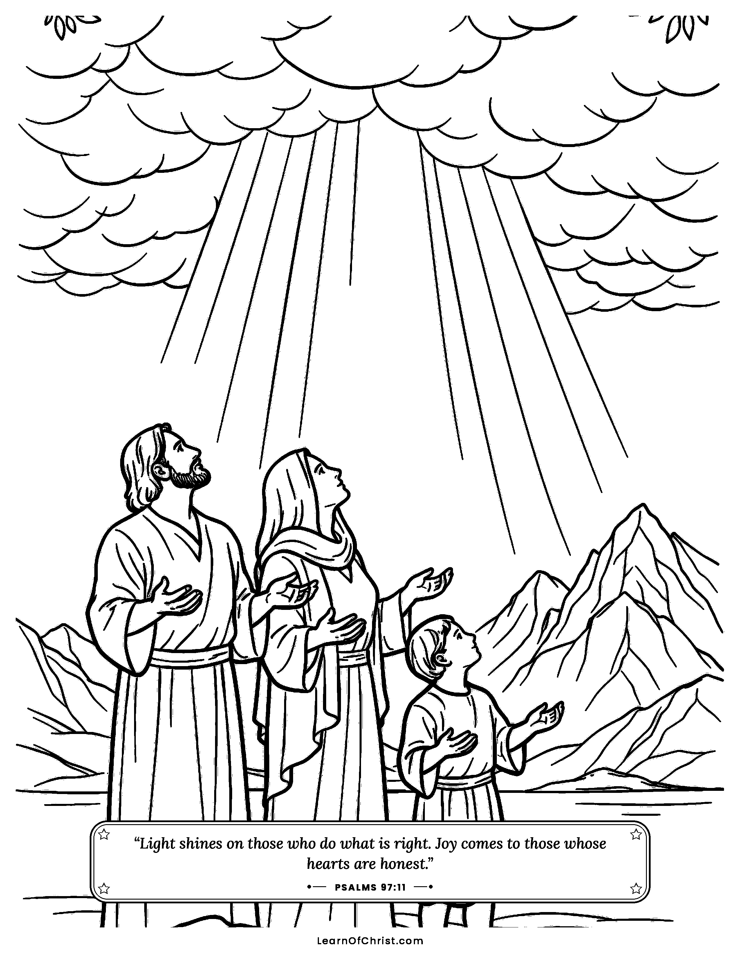 Psalms 97 coloring page - Bright clouds over the mountains. Free printable Bible coloring sheet for kids.