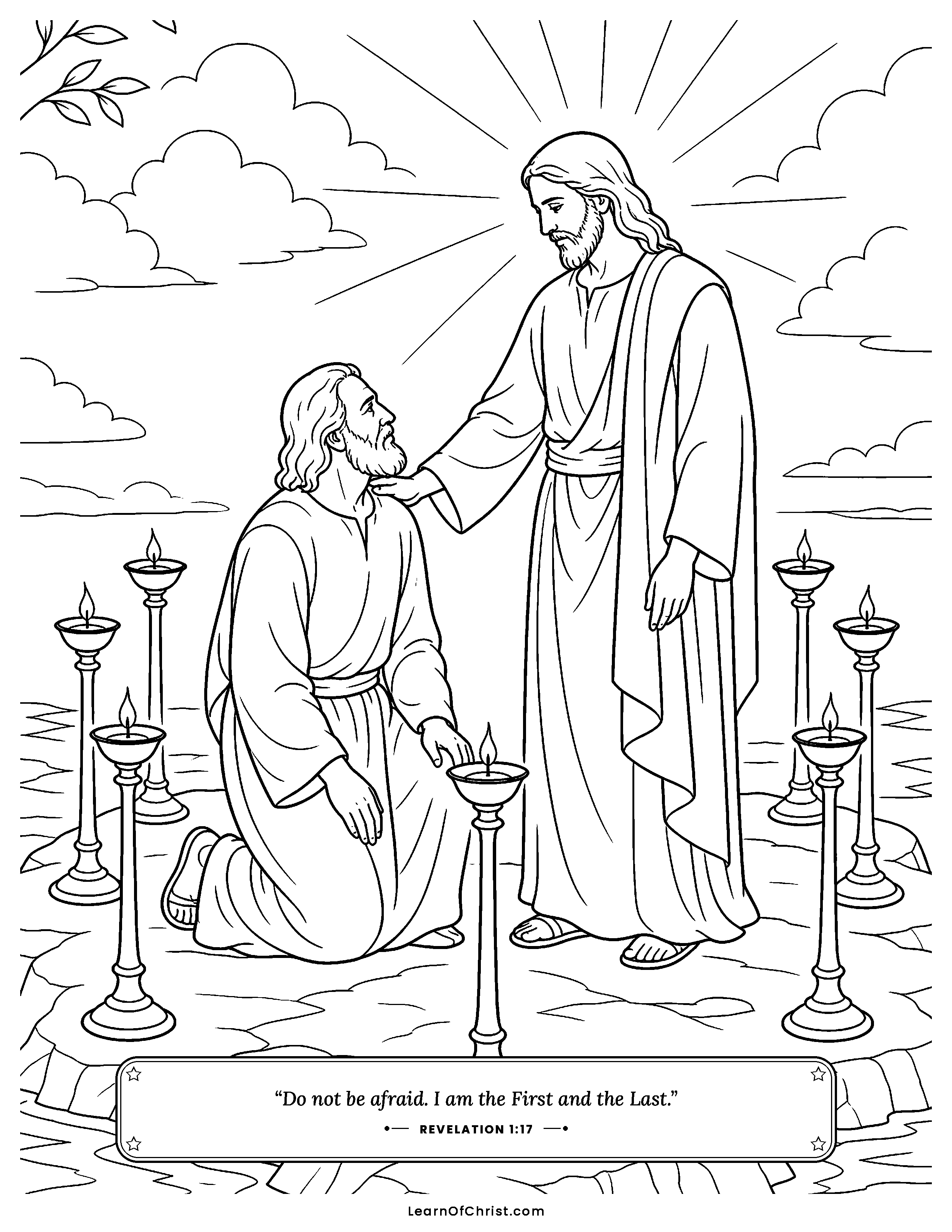 Revelation 1 coloring page - Jesus reaches out on the island. Free printable Bible coloring sheet for kids.