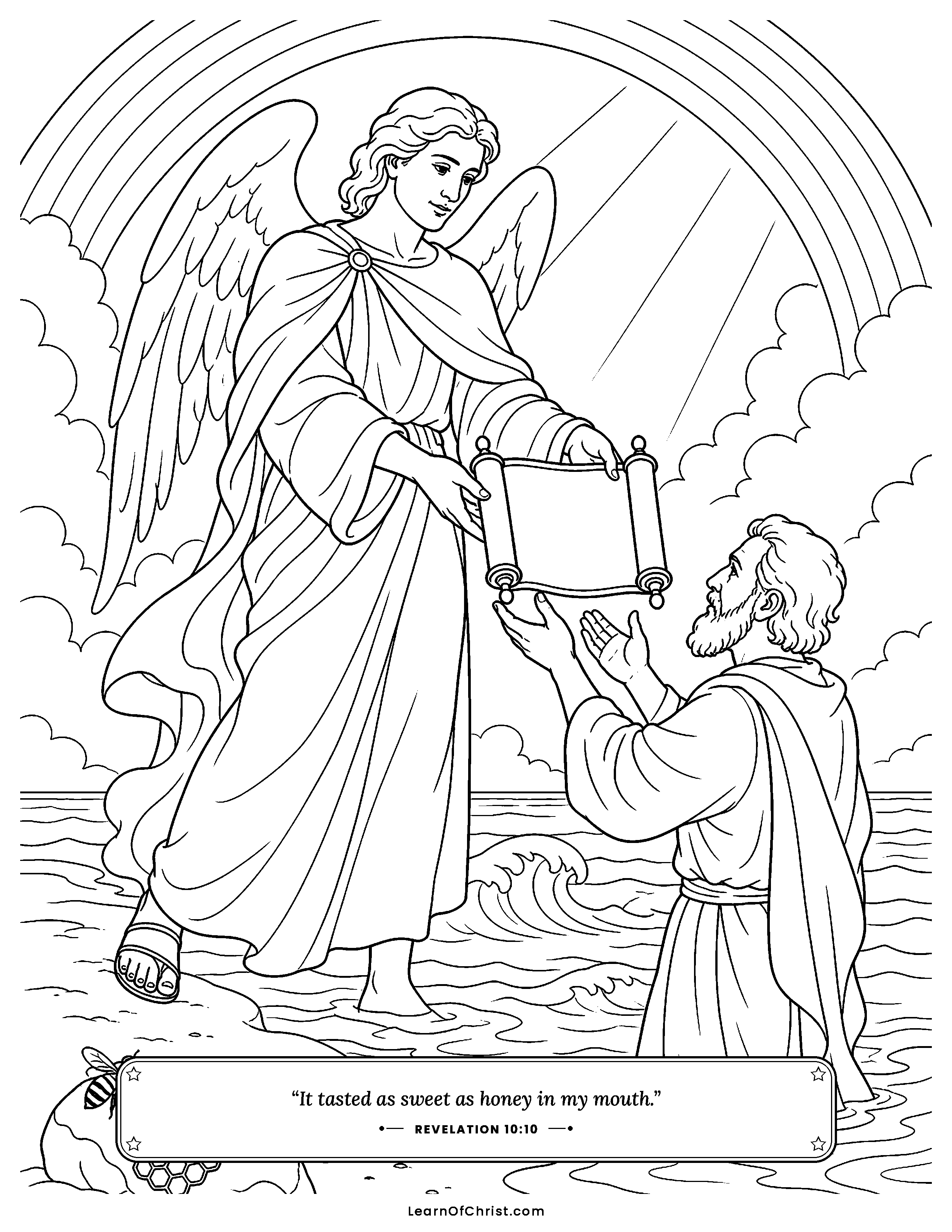 Revelation 10 coloring page - A little scroll as sweet as honey. Free printable Bible coloring sheet for kids.