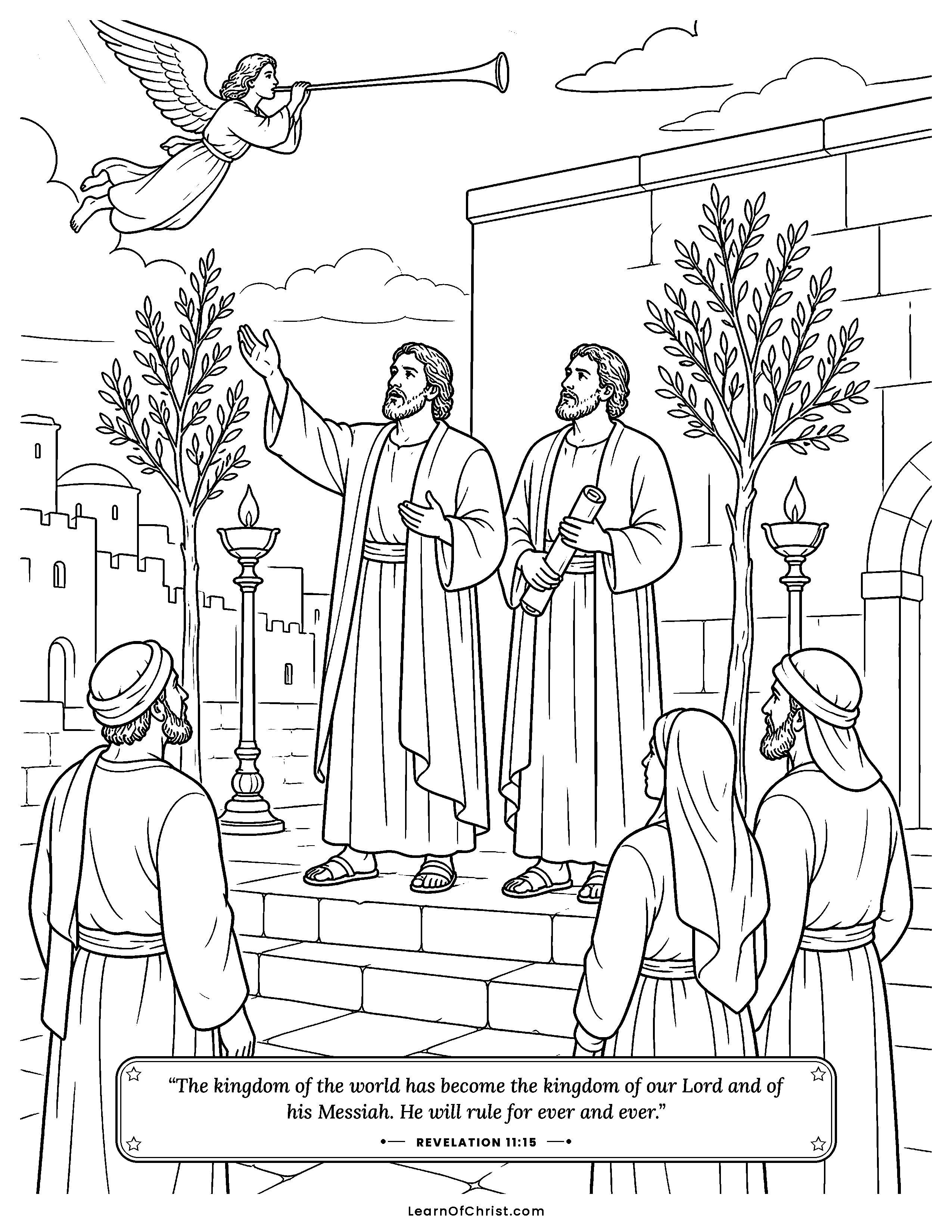 Revelation 11 coloring page - Two brave helpers tell the good news. Free printable Bible coloring sheet for kids.