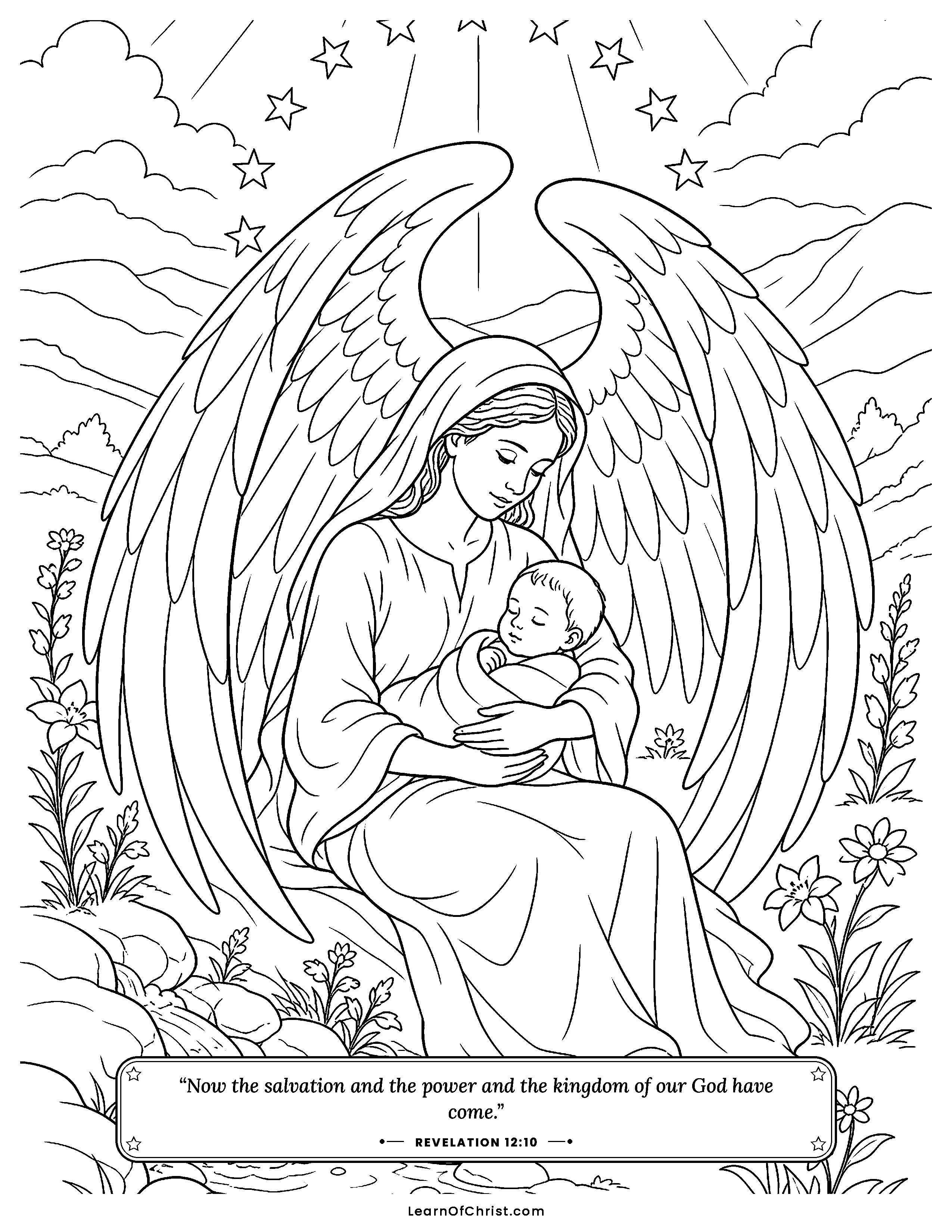 Revelation 12 coloring page - A mother and her child kept safe. Free printable Bible coloring sheet for kids.