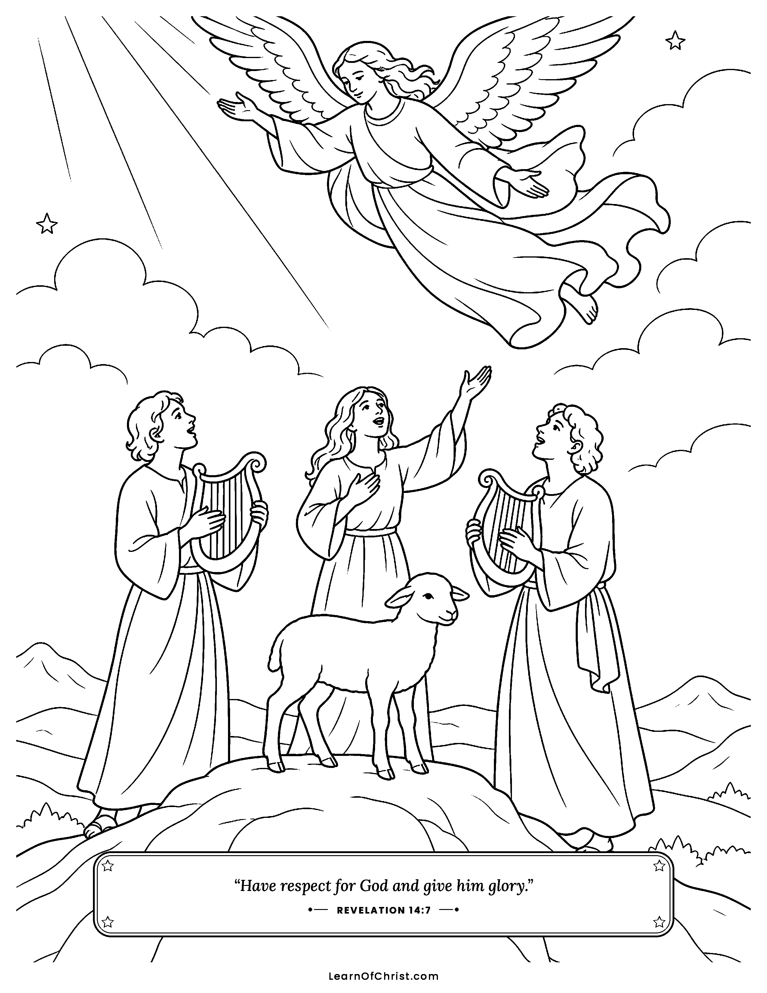 Revelation 14 coloring page - A new song on the mountain. Free printable Bible coloring sheet for kids.