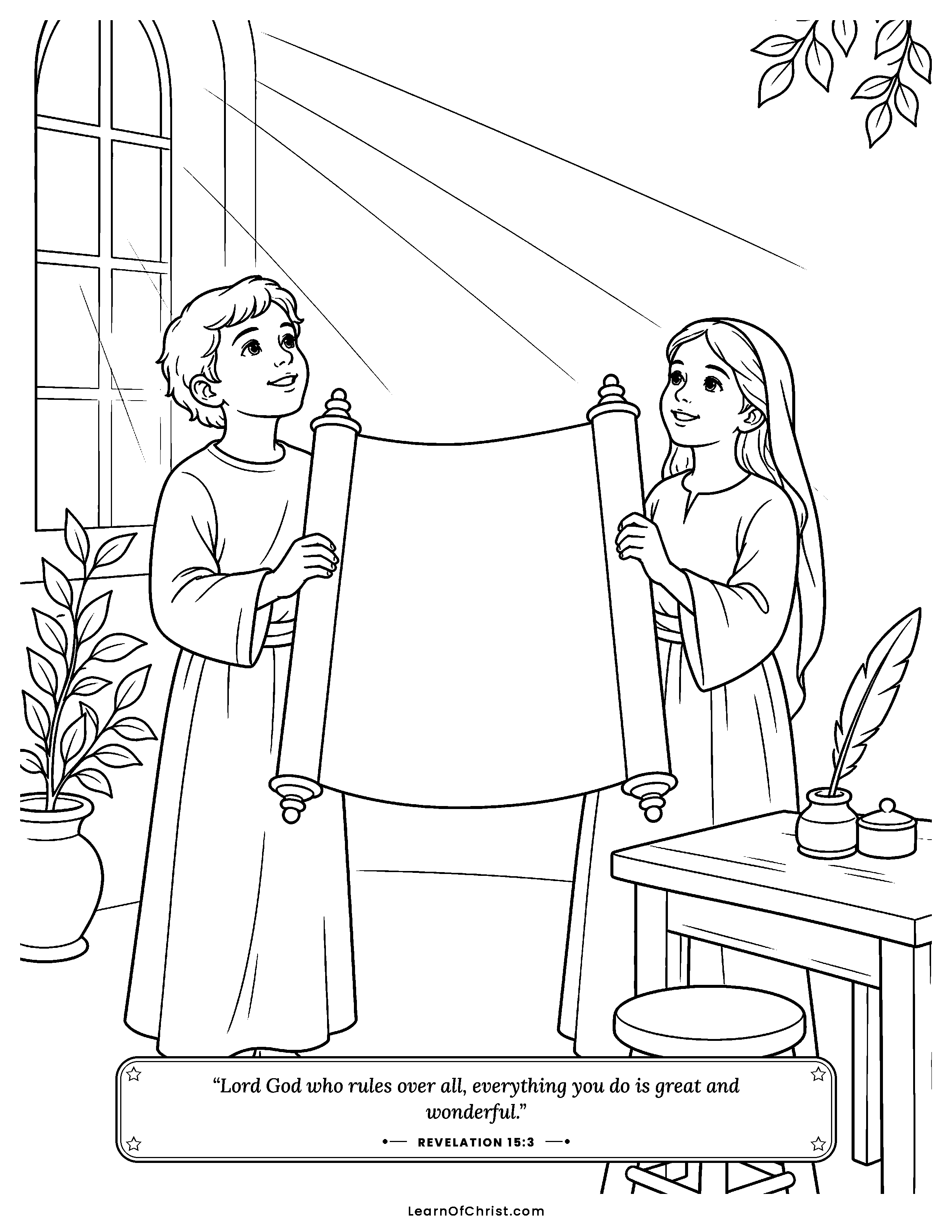 Revelation 15 coloring page - Seven angels with covered bowls. Free printable Bible coloring sheet for kids.