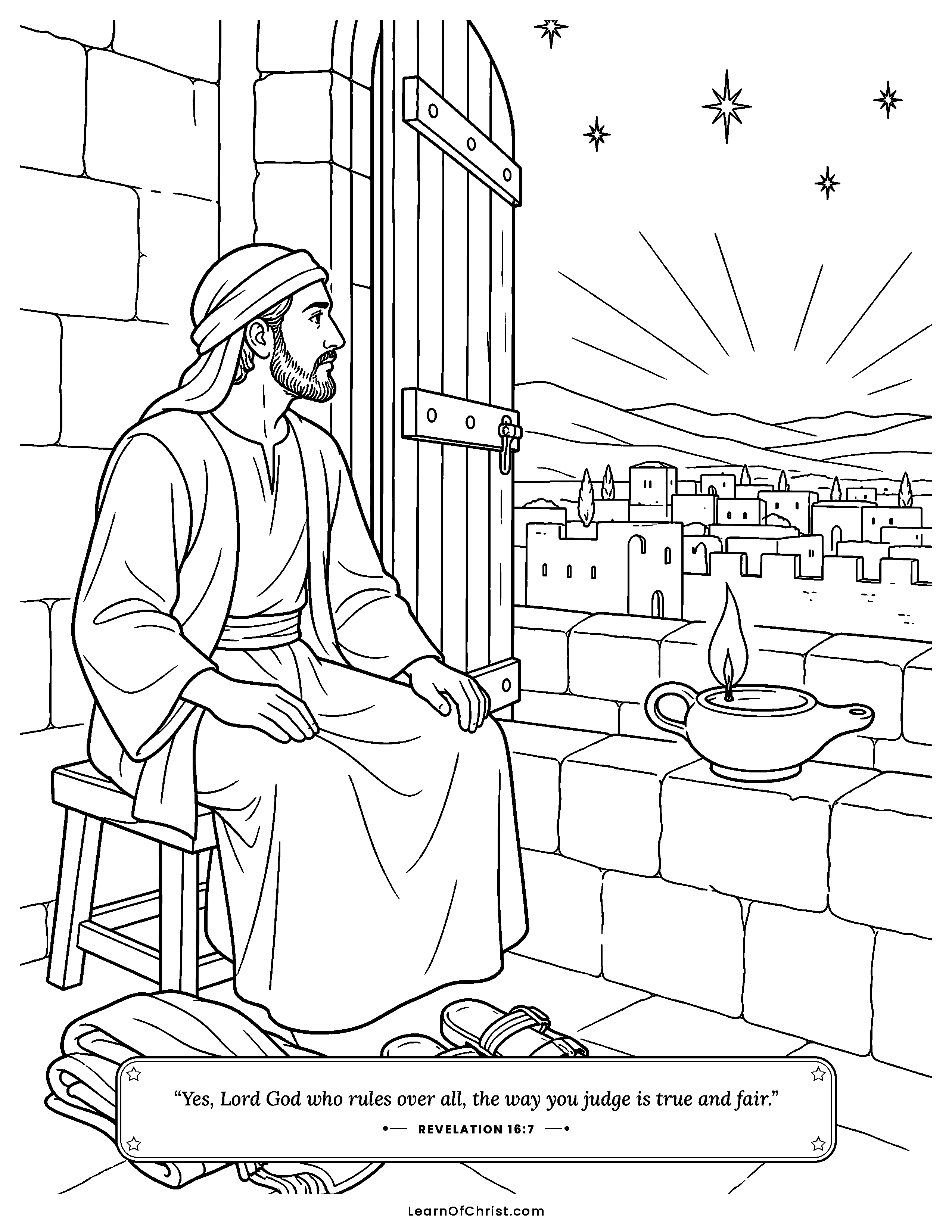 Revelation 16 coloring page - The watchman who stayed awake. Free printable Bible coloring sheet for kids.