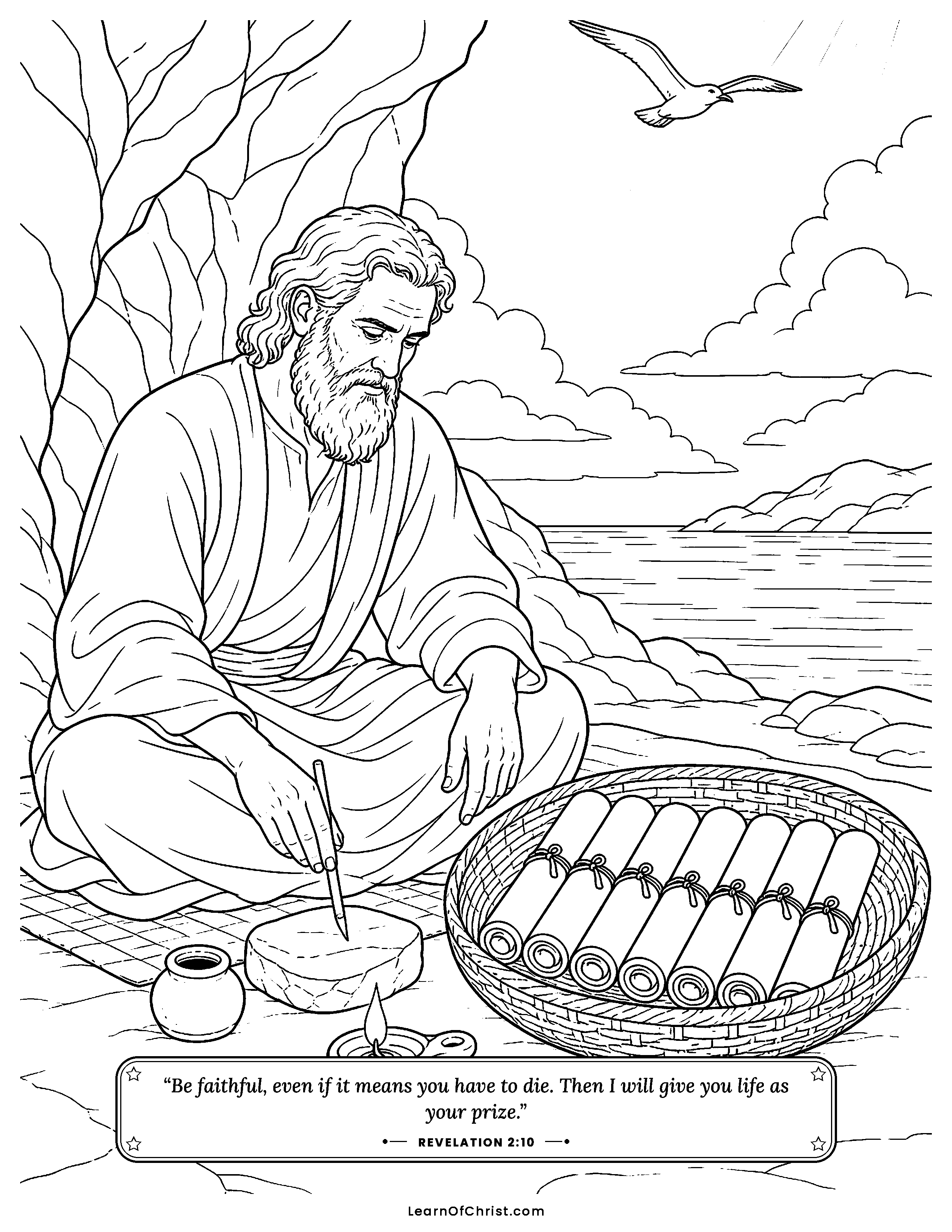 Revelation 2 coloring page - Seven letters ready for seven towns. Free printable Bible coloring sheet for kids.