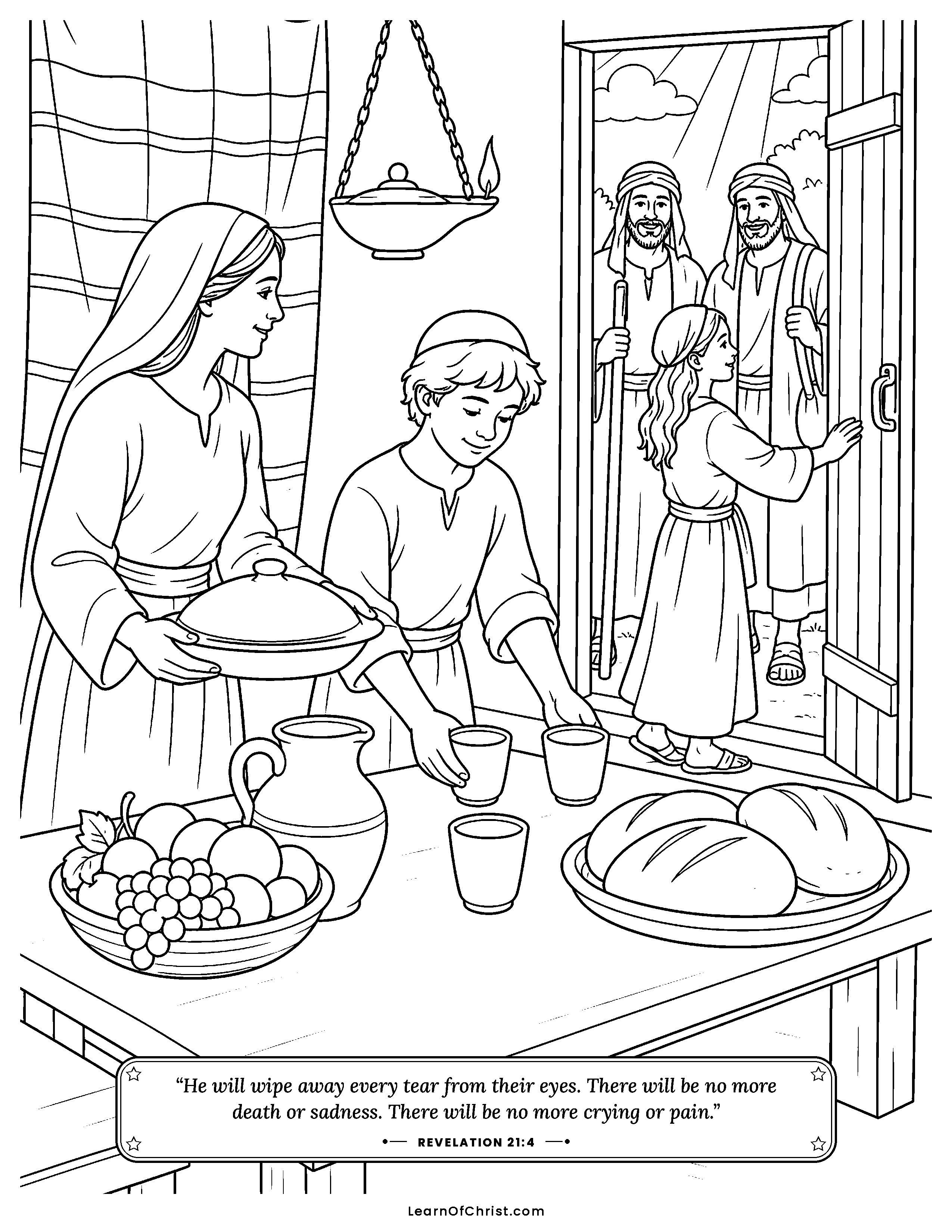Revelation 21 coloring page - The city with twelve open gates. Free printable Bible coloring sheet for kids.
