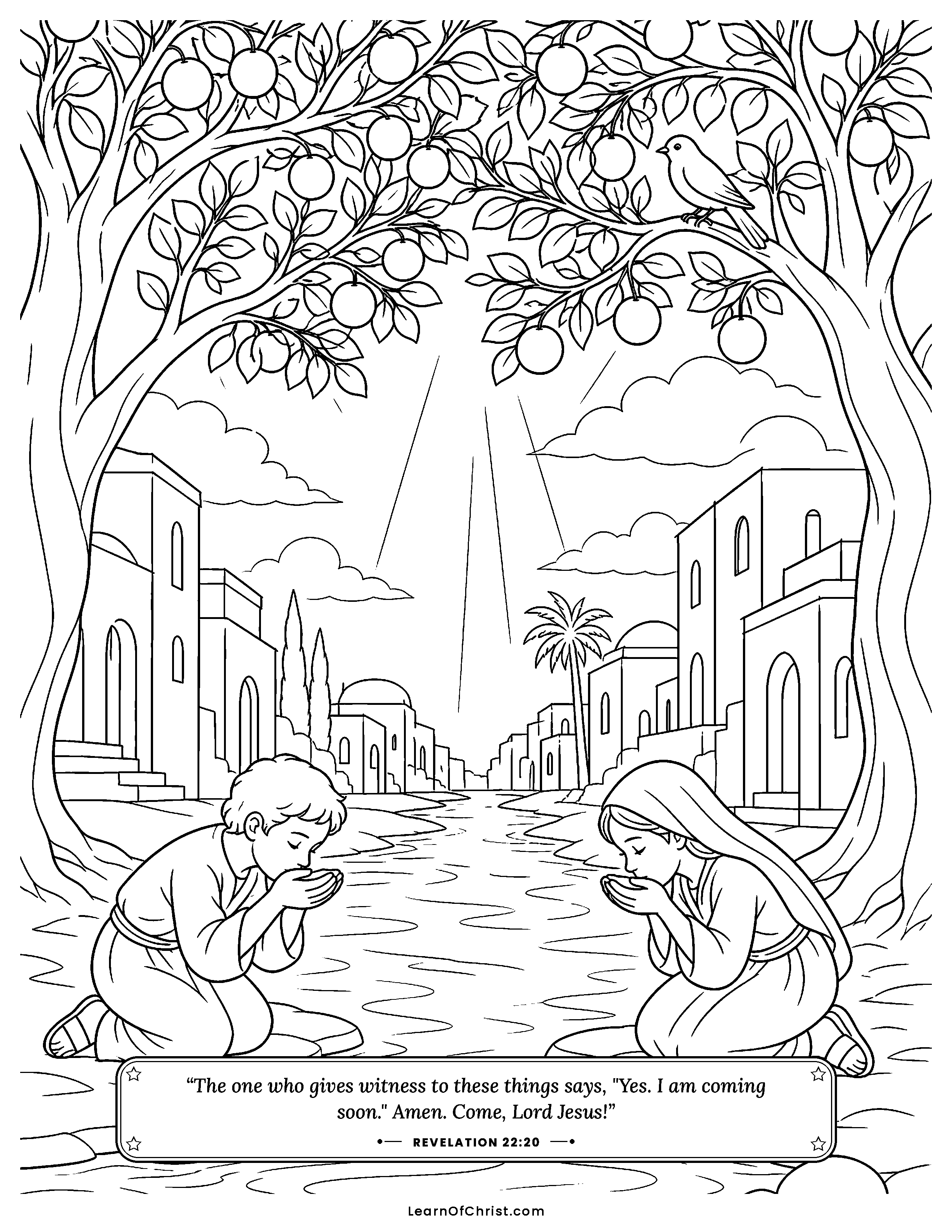 Revelation 22 coloring page - The river and the tree of life. Free printable Bible coloring sheet for kids.
