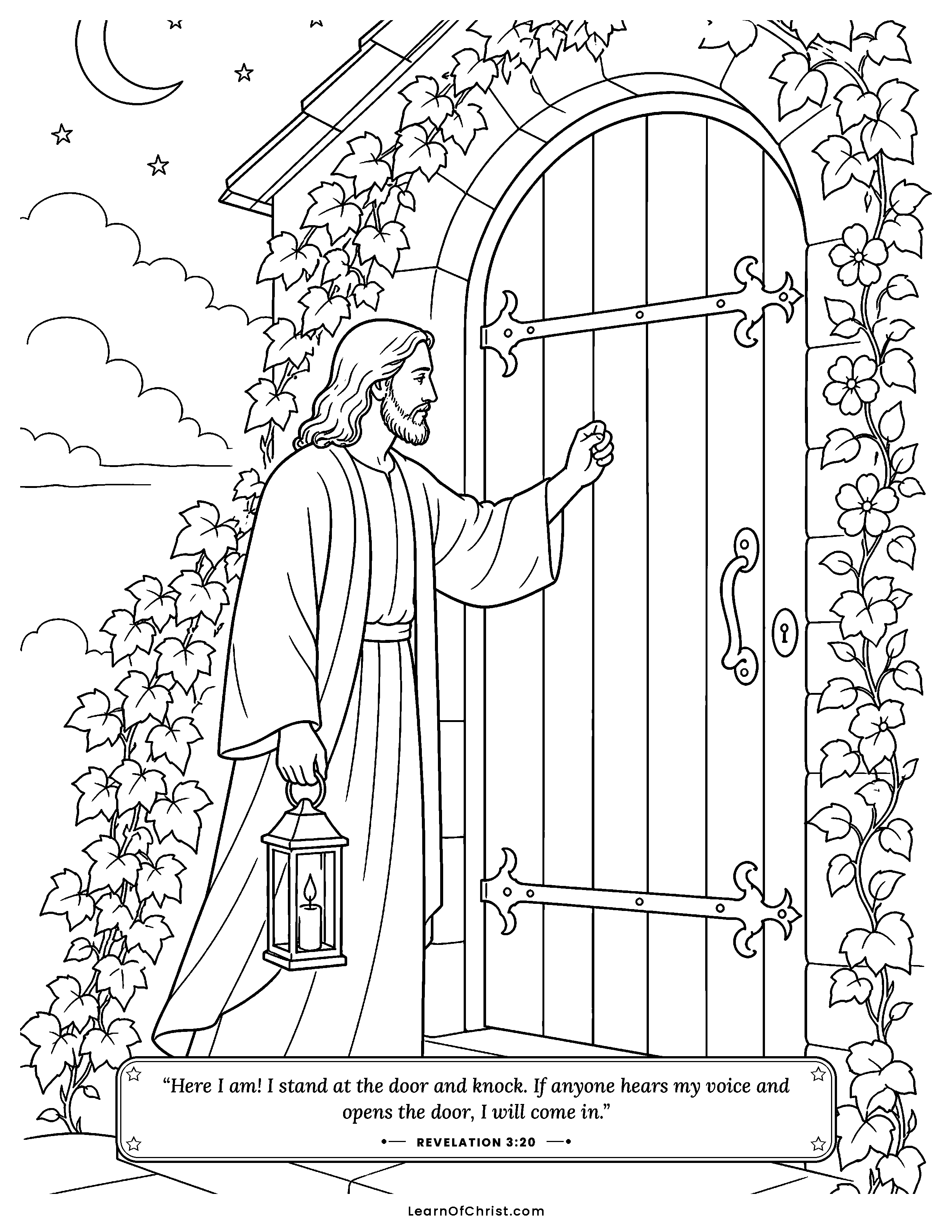 Revelation 3 coloring page - Jesus knocks gently at the door. Free printable Bible coloring sheet for kids.