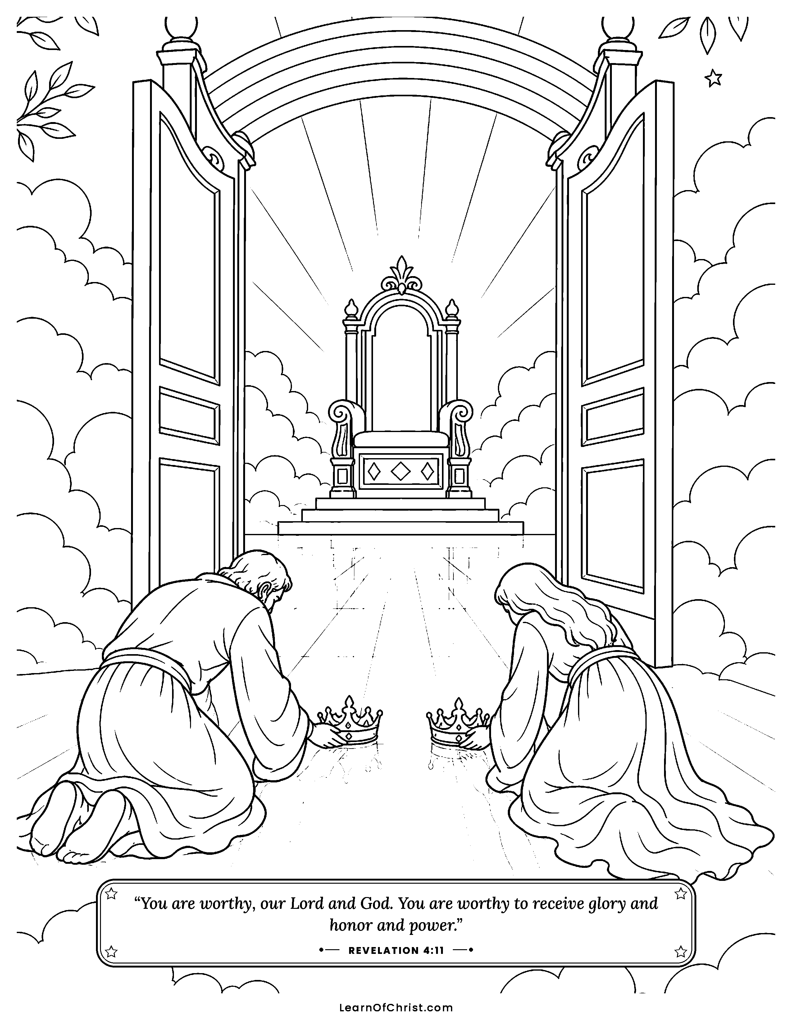 Revelation 4 coloring page - A rainbow around the throne of heaven. Free printable Bible coloring sheet for kids.