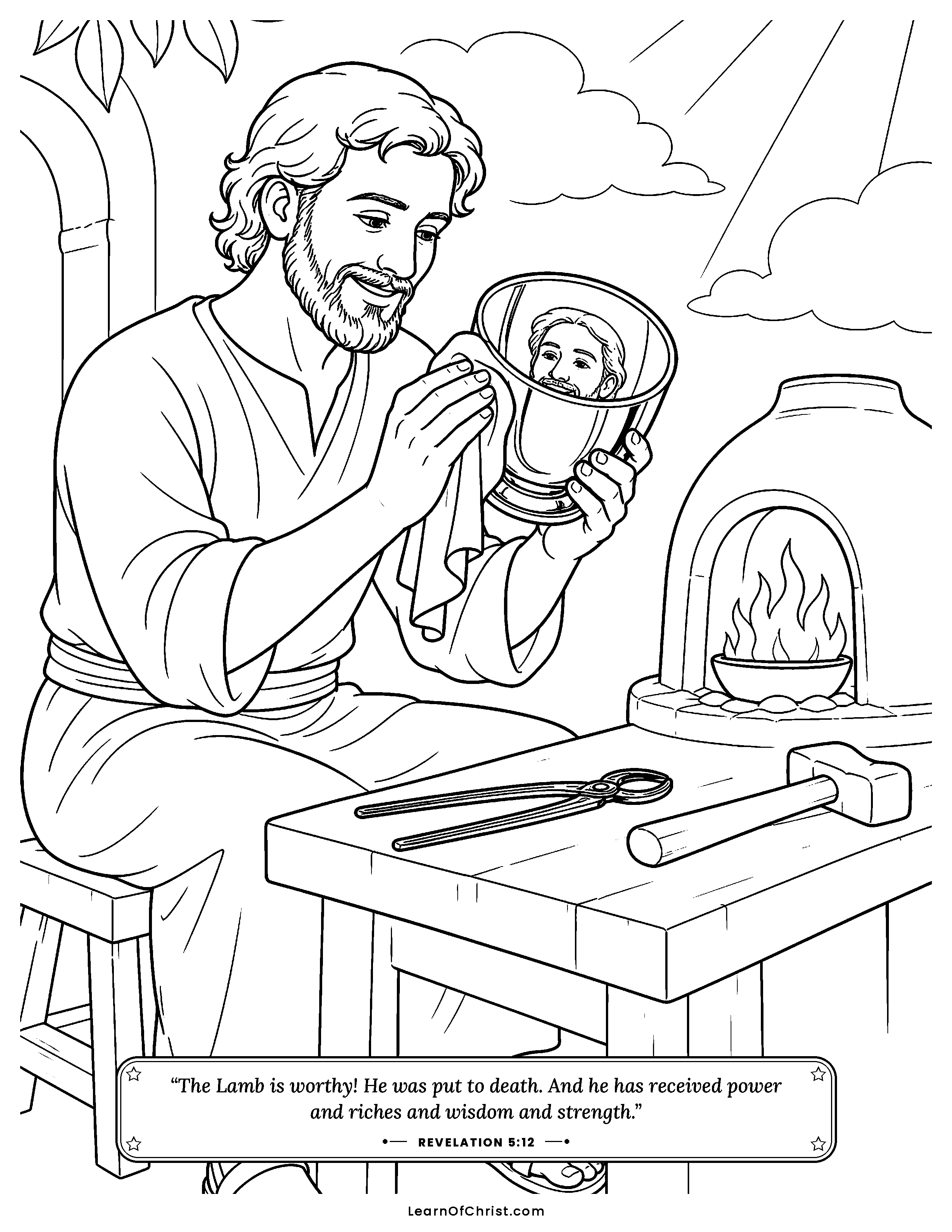 Revelation 5 coloring page - The Lamb takes the sealed scroll. Free printable Bible coloring sheet for kids.