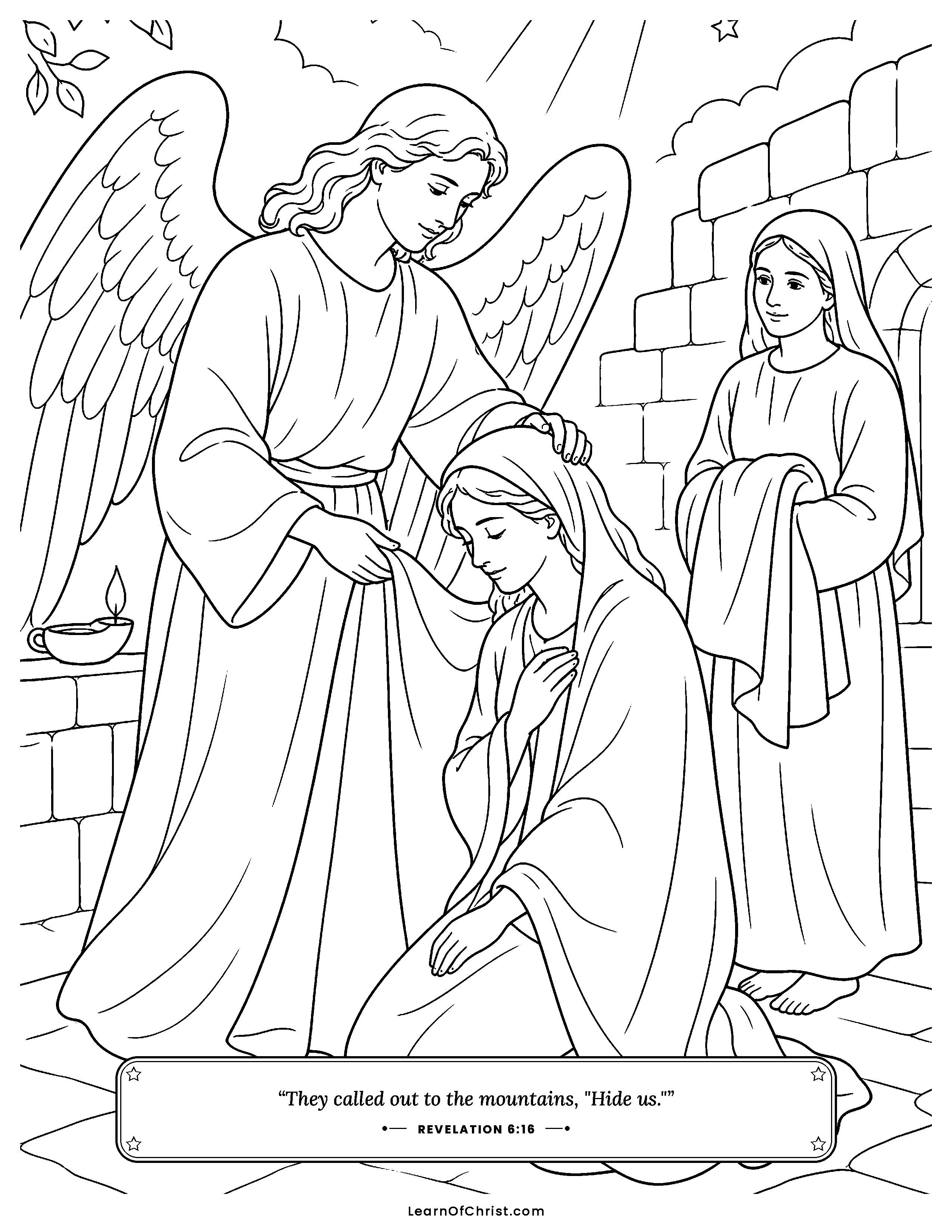 Revelation 6 coloring page - A white robe and a gentle promise. Free printable Bible coloring sheet for kids.
