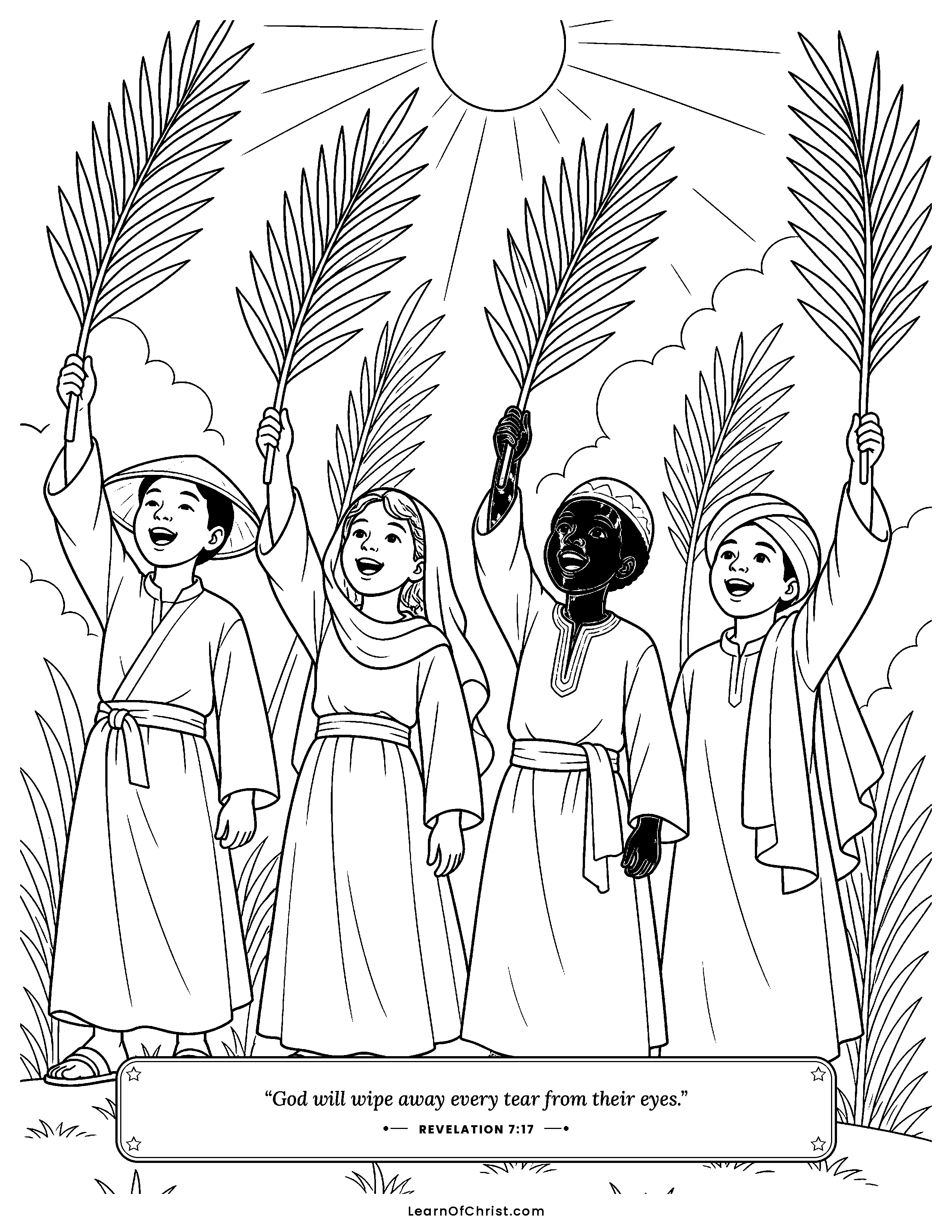 Revelation 7 coloring page - A great crowd waving palm branches. Free printable Bible coloring sheet for kids.