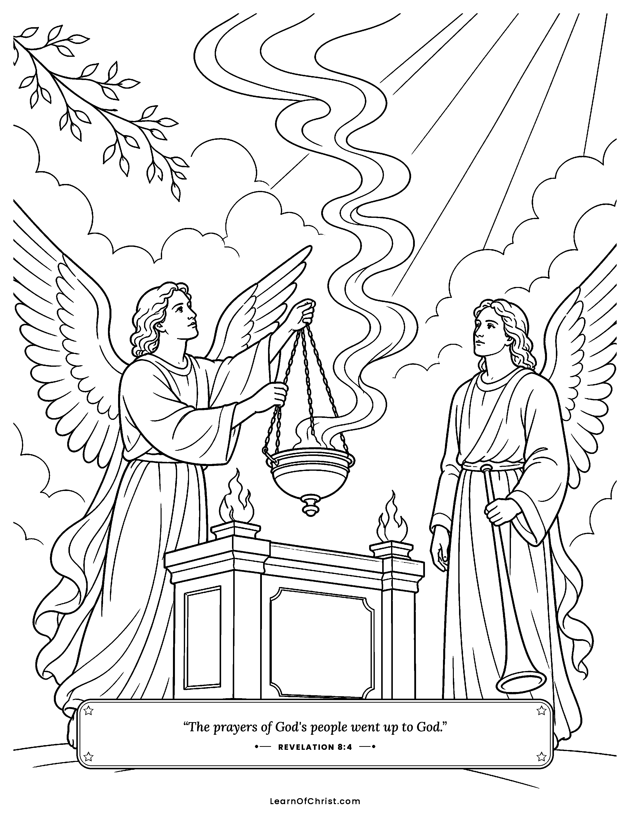 Revelation 8 coloring page - Prayers rise like sweet smoke. Free printable Bible coloring sheet for kids.