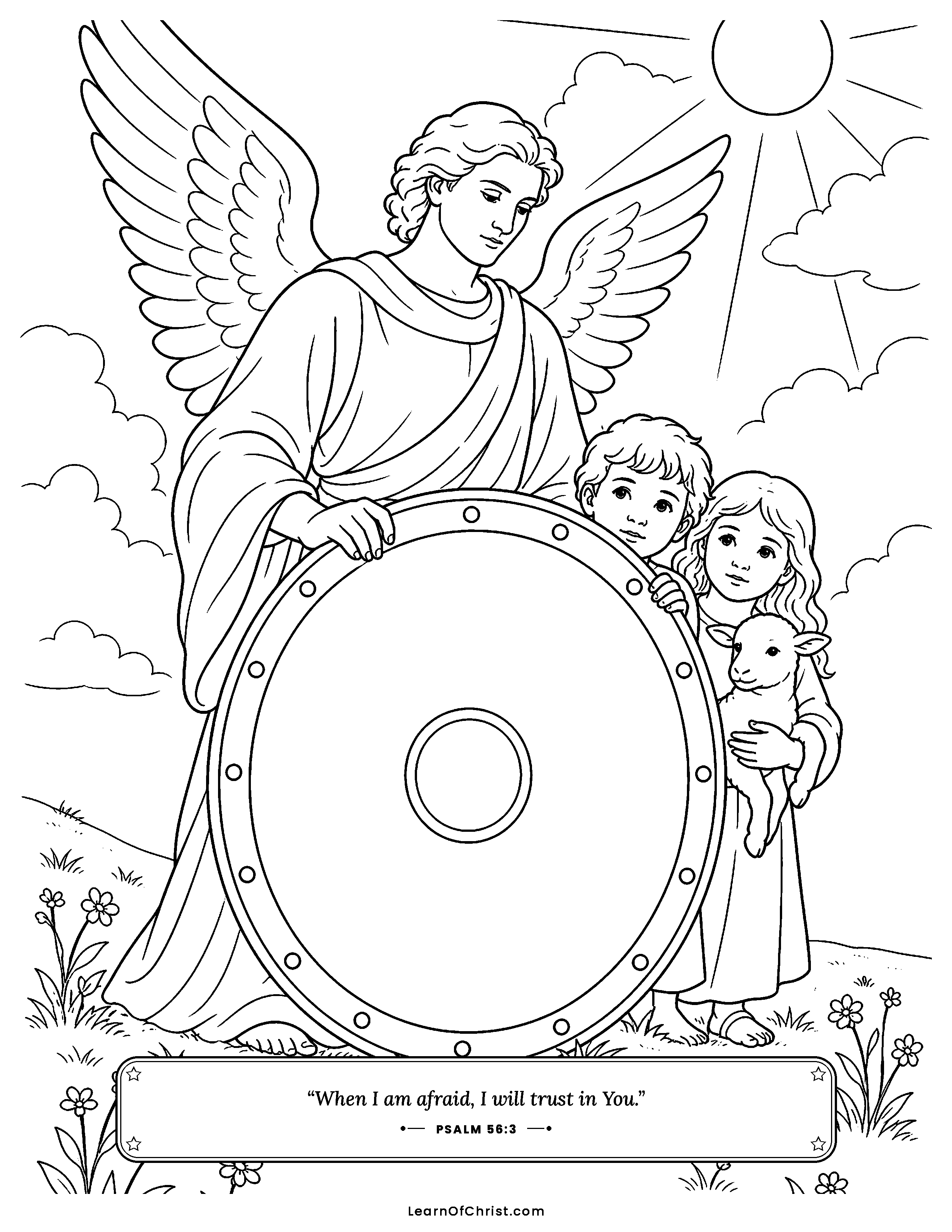 Revelation 9 coloring page - An angel shields God's children. Free printable Bible coloring sheet for kids.