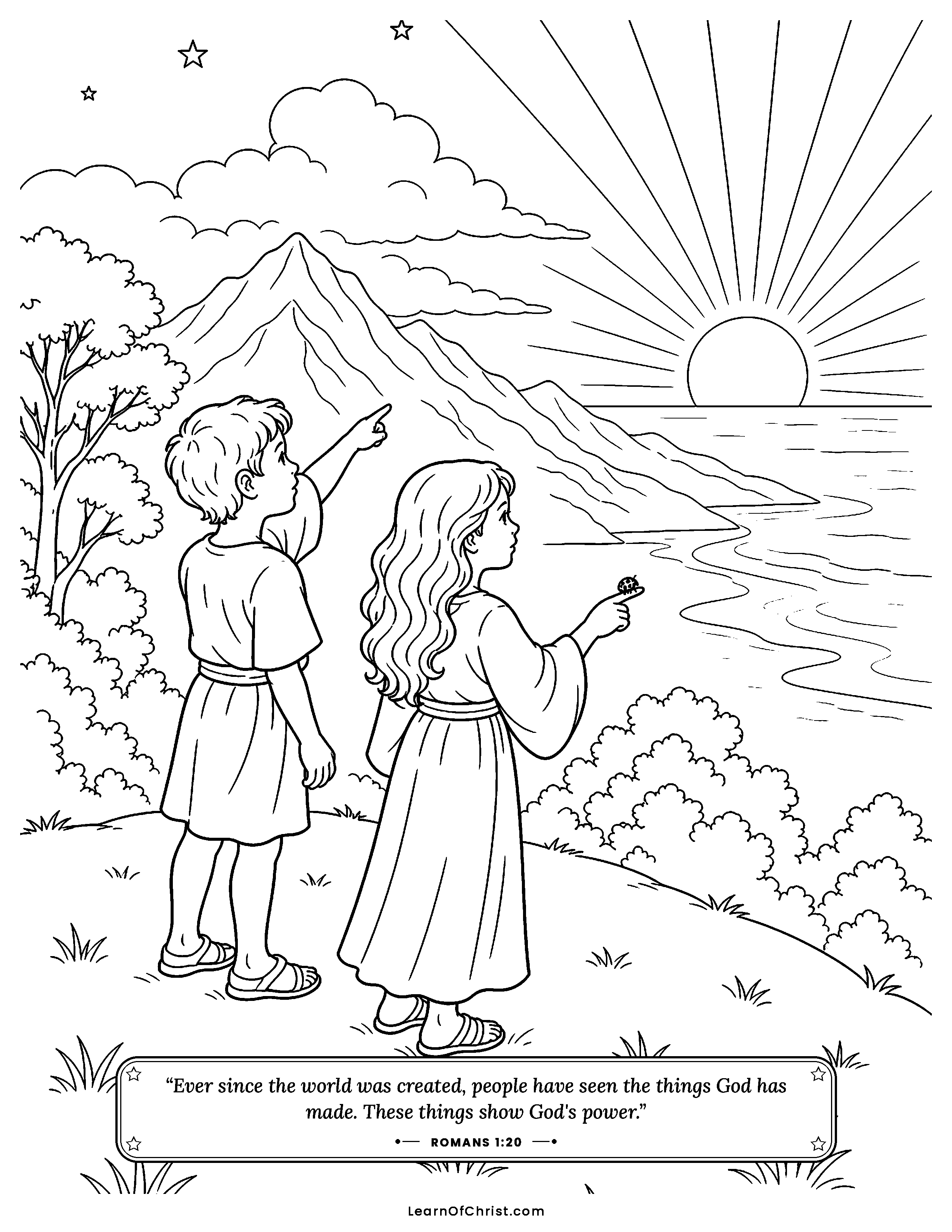Romans 1 coloring page - The whole world shows what God is like. Free printable Bible coloring sheet for kids.