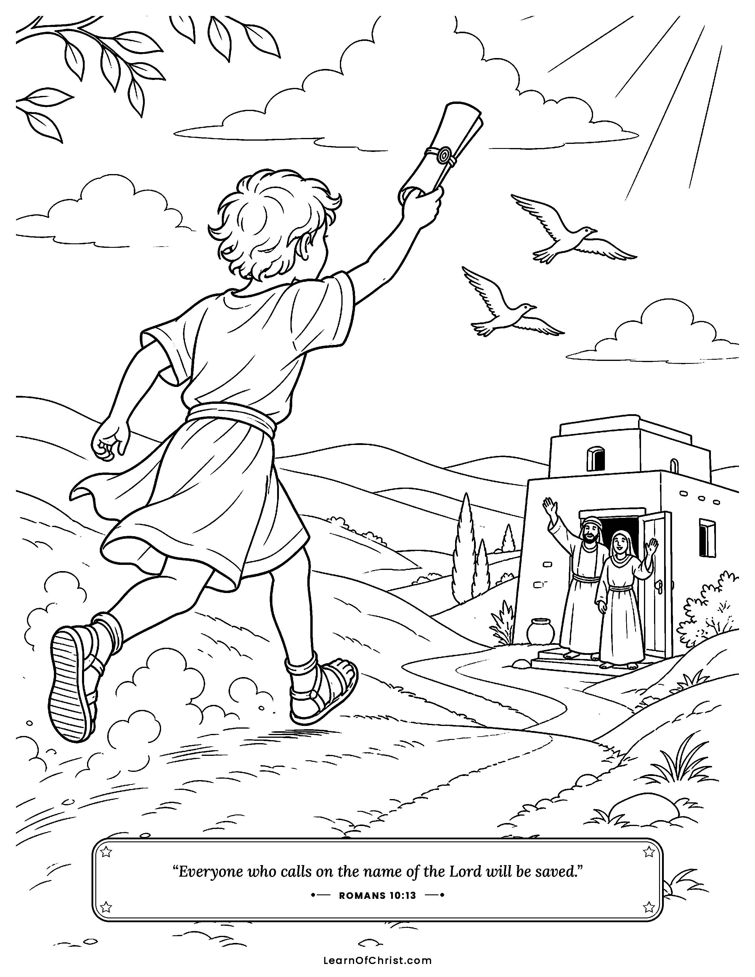 Romans 10 coloring page - Beautiful feet that carry good news. Free printable Bible coloring sheet for kids.