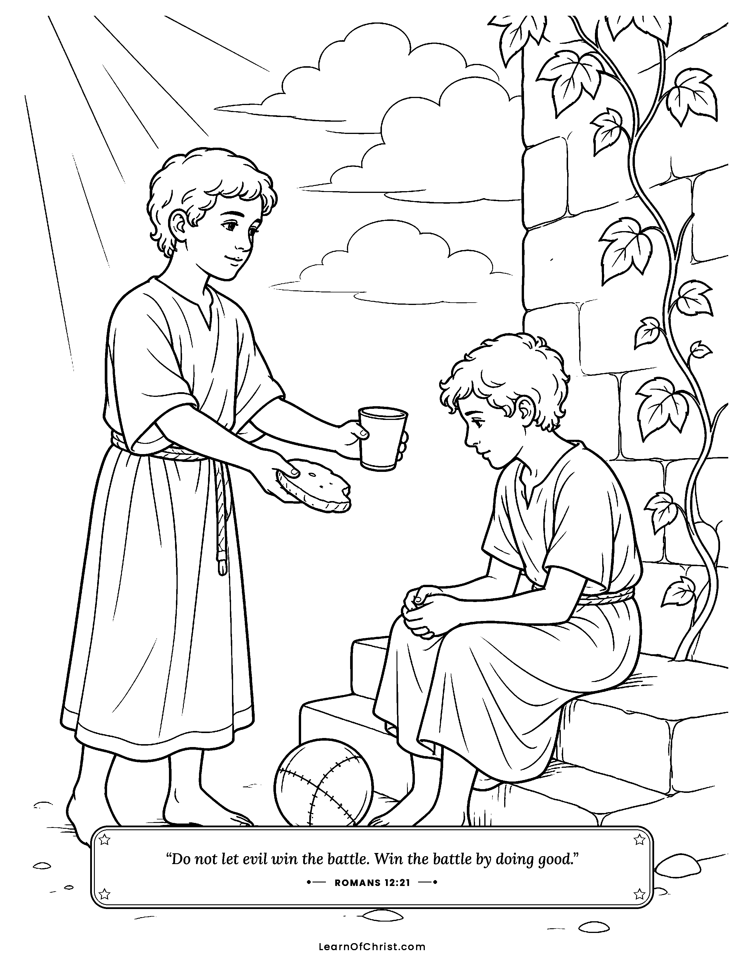 Romans 12 coloring page - Kindness given to someone who was mean. Free printable Bible coloring sheet for kids.