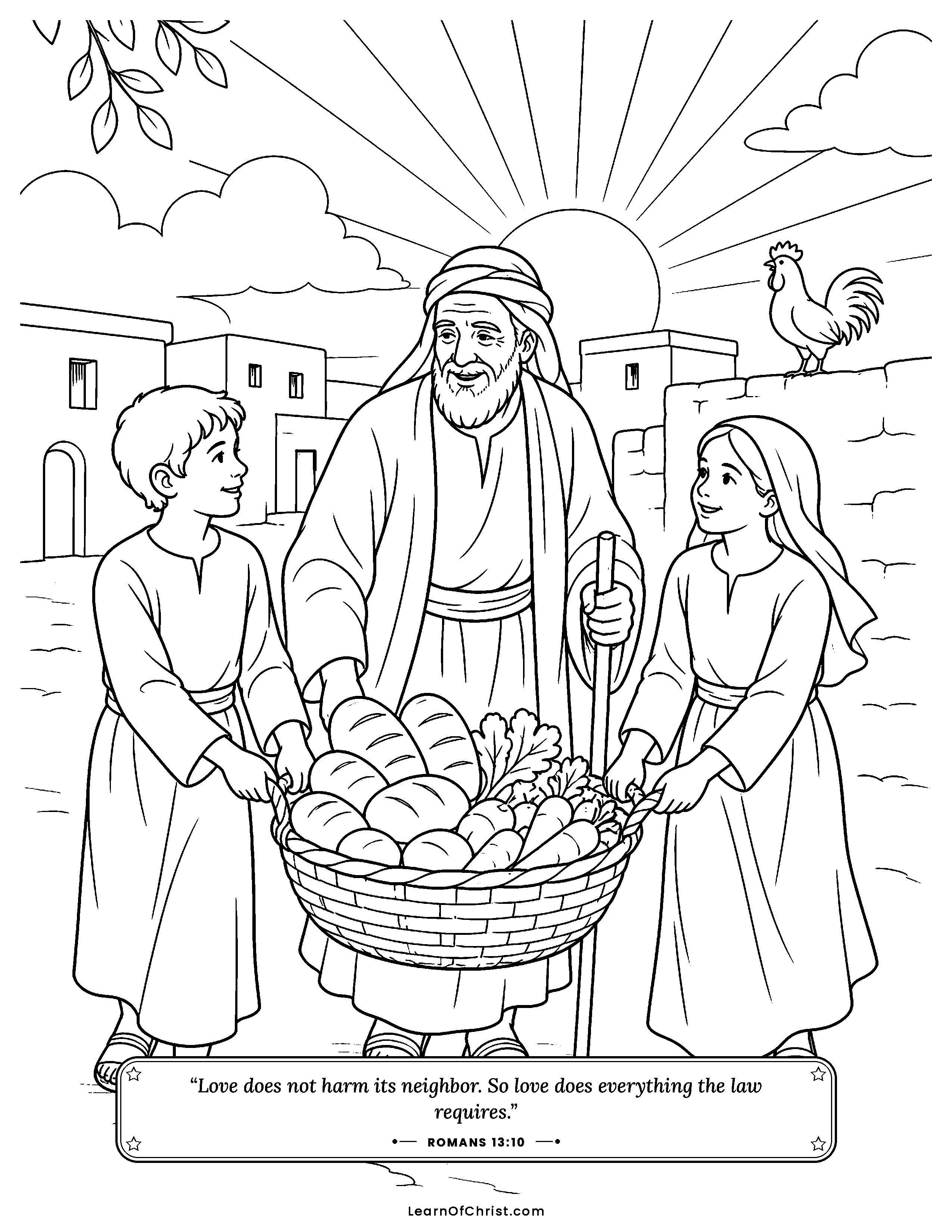Romans 13 coloring page - Love wakes up and helps a neighbor. Free printable Bible coloring sheet for kids.